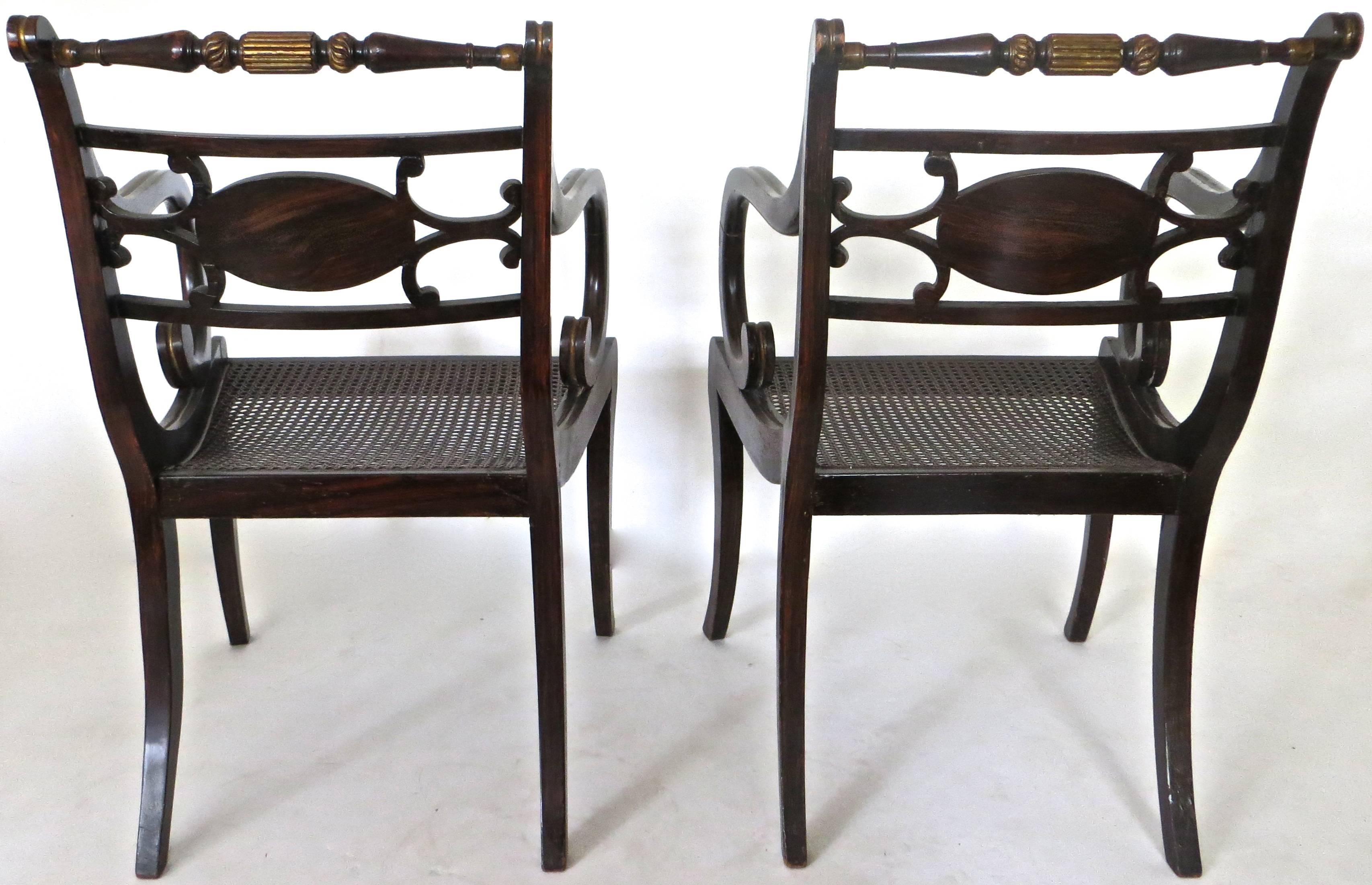 Pair of Regency Faux Rosewood Japanned and Parcel Gilt Armchairs, circa 1810 In Excellent Condition For Sale In Incline Village, NV