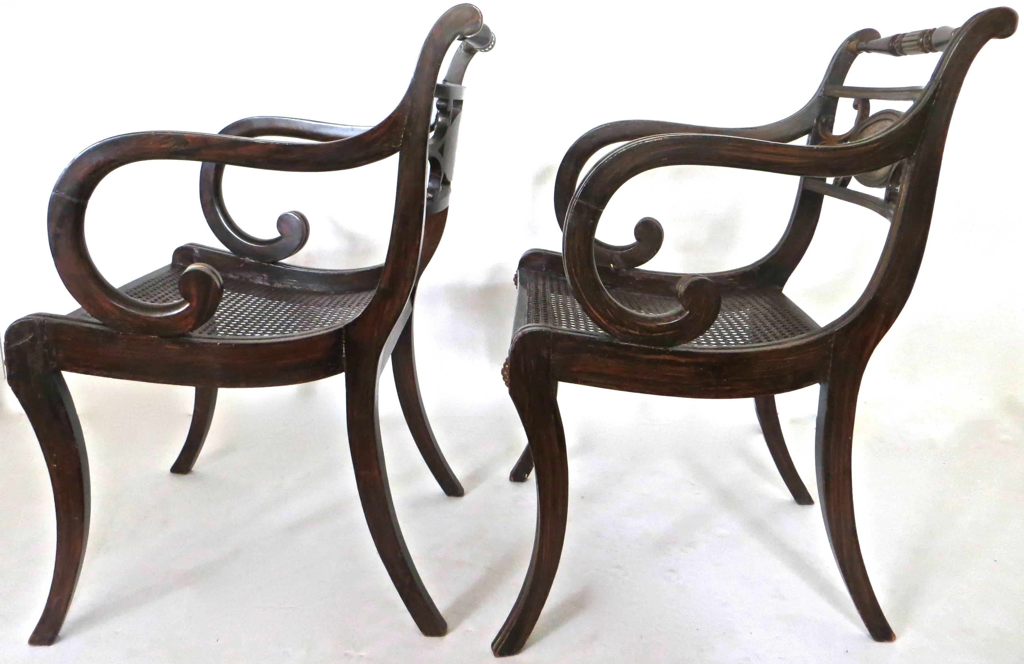 Early 19th Century Pair of Regency Faux Rosewood Japanned and Parcel Gilt Armchairs, circa 1810 For Sale