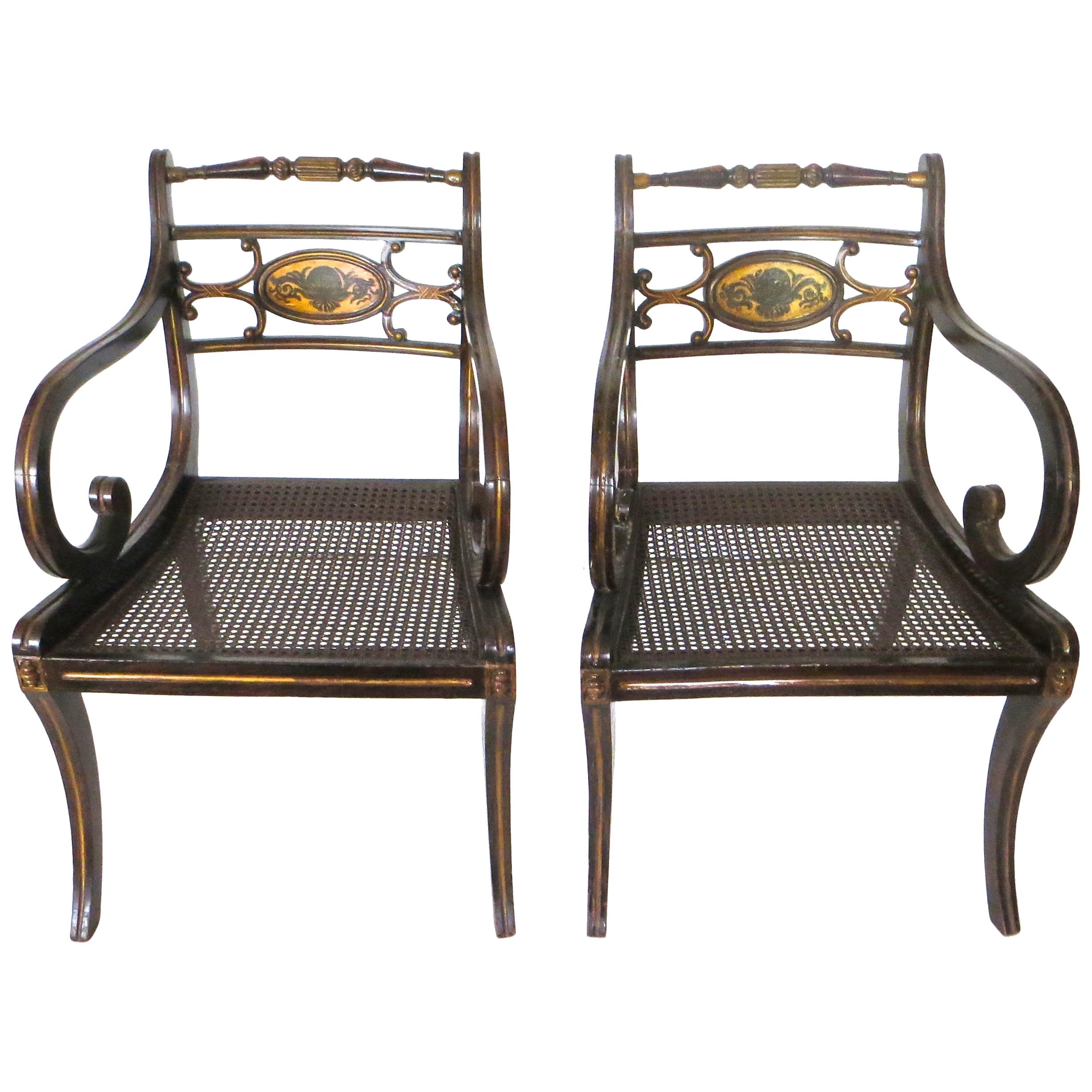 Pair of Regency Faux Rosewood Japanned and Parcel Gilt Armchairs, circa 1810