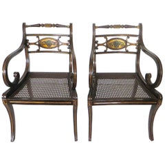 Pair of Regency Faux Rosewood Japanned and Parcel Gilt Armchairs, circa 1810