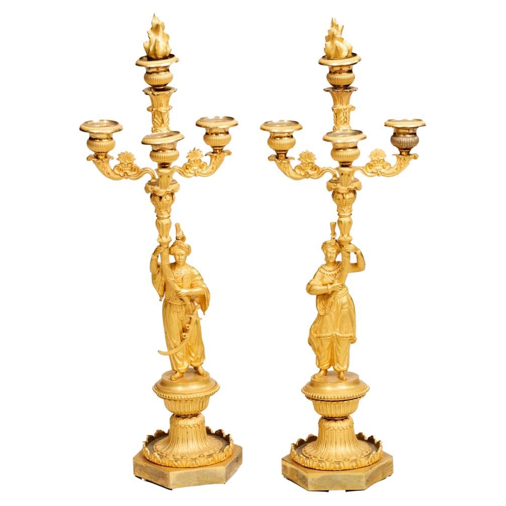 Pair of Regency French Ormolu Gilded Candelabras Featuring Turkish Figures For Sale