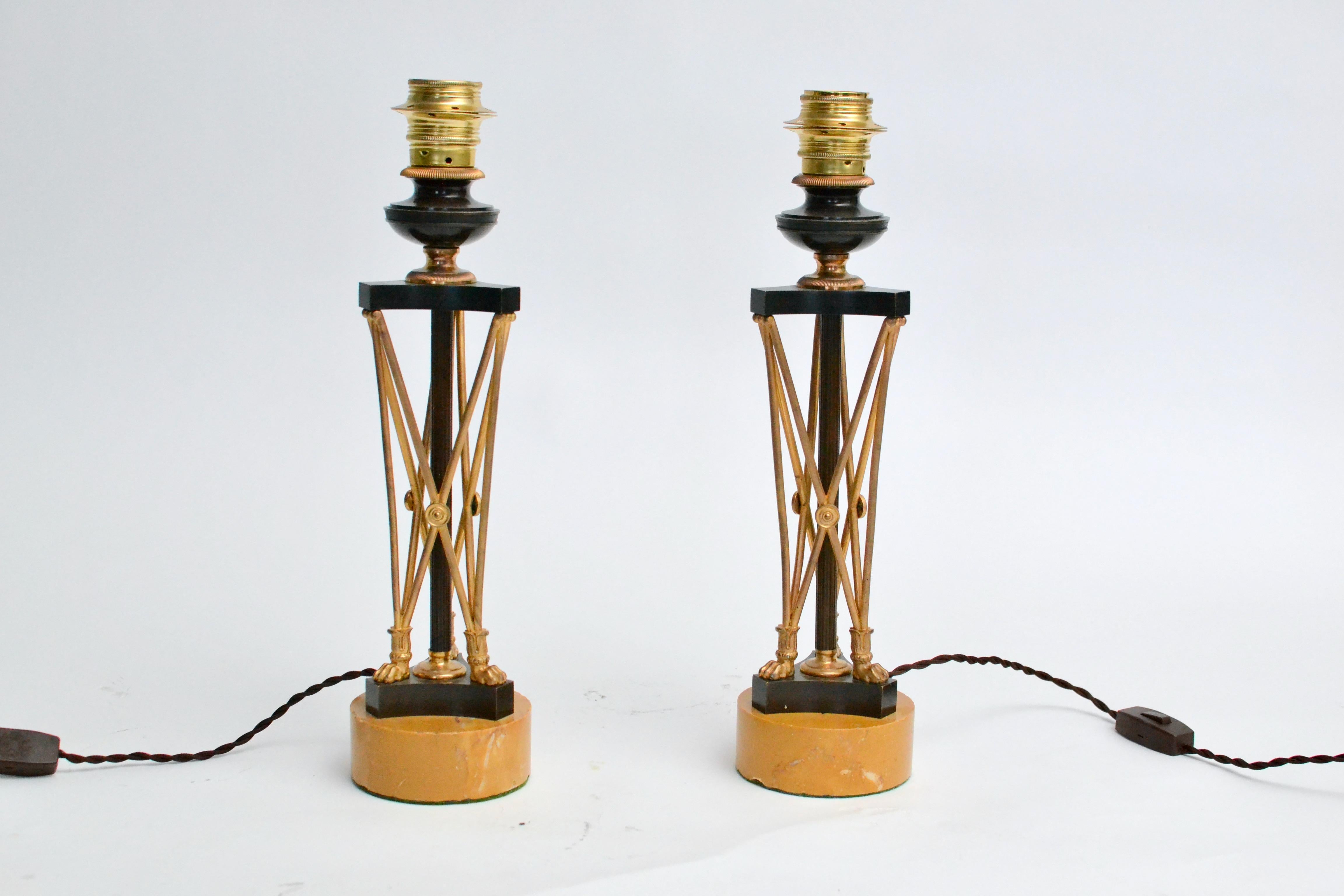 19th Century Pair of Regency Gilt and Patinated Bronze Candlesticks, Mounted as Lamps. For Sale