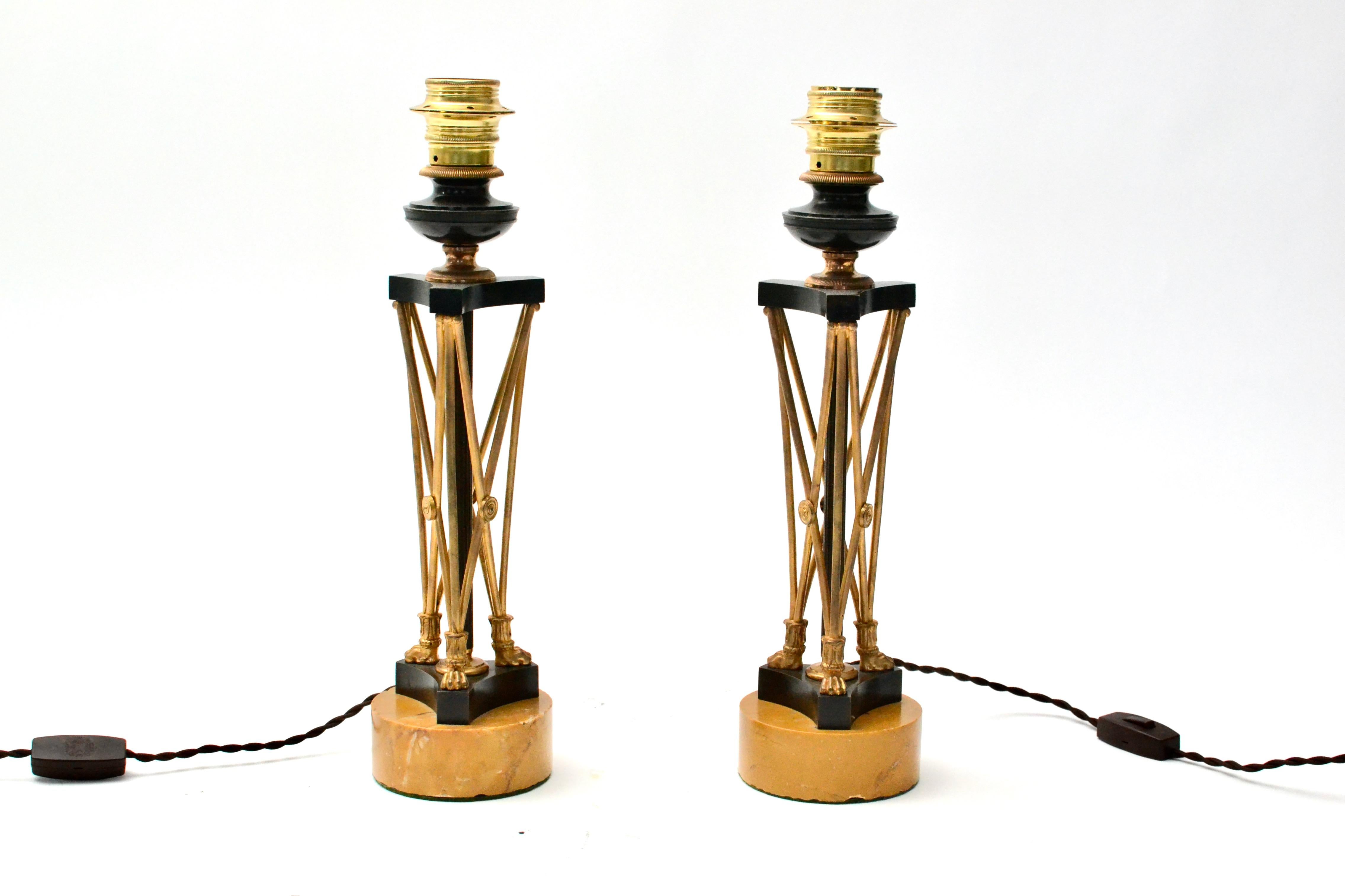 English Pair of Regency Gilt and Patinated Bronze Candlesticks, Mounted as Lamps. For Sale