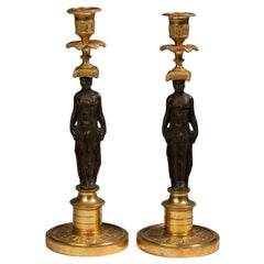 Antique Pair of Regency Gilt and Patinated Bronze Figural Candlesticks