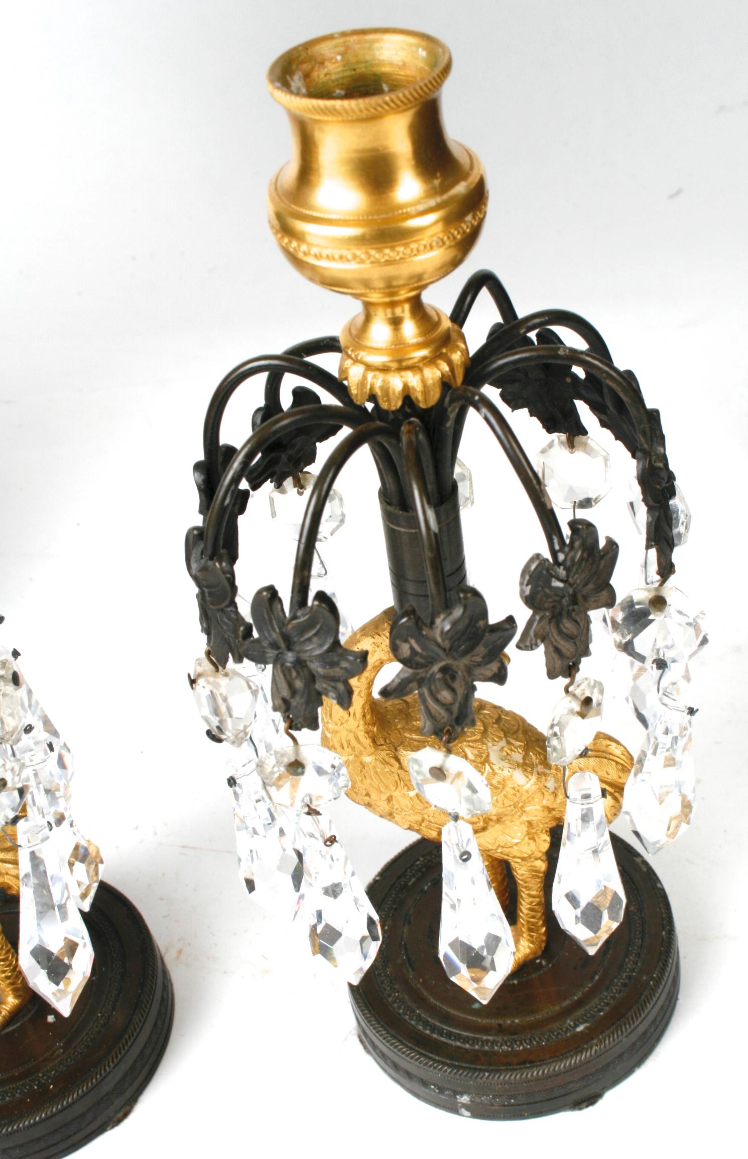 A pair of early 19th century Regency period gilt and patinated bronze candlesticks. Each has floral sprays with crystal lustres supported on gilt Ostrich shaped stems standing on circular bases. Because of the crystal drops these reflect light when
