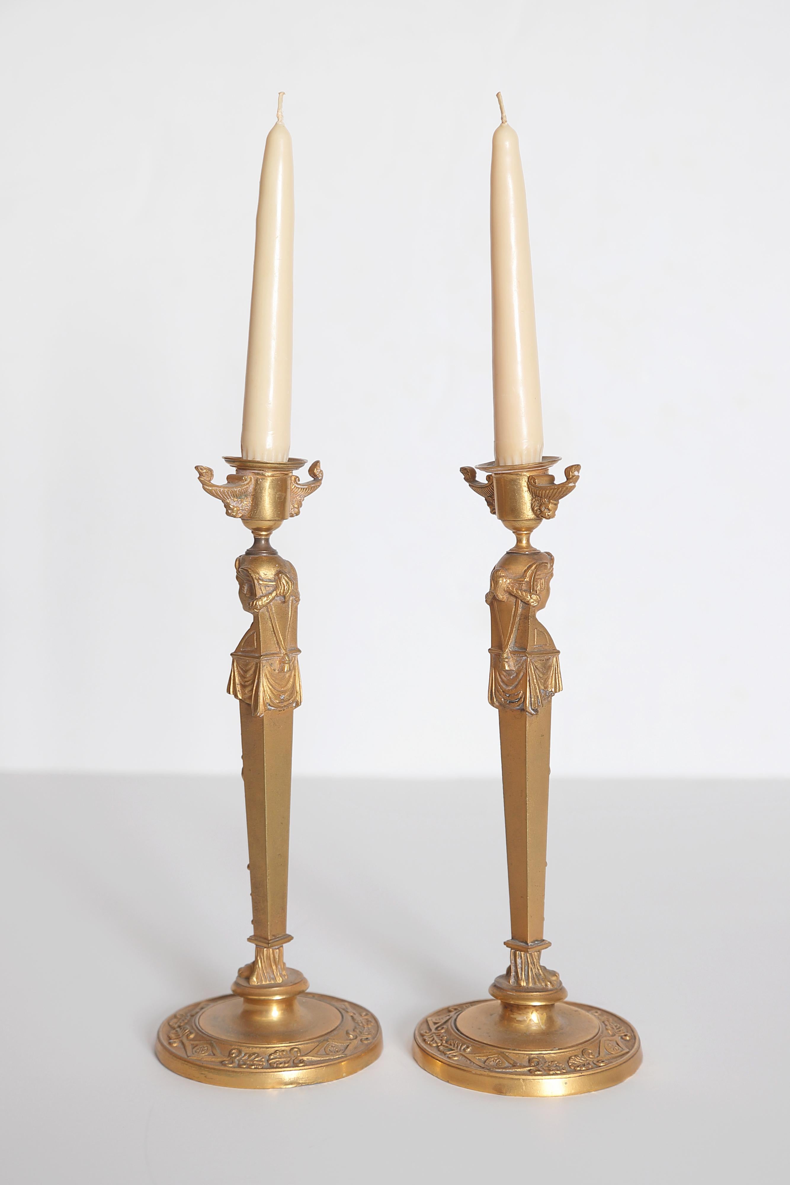 Pair of Regency Gilt Bronze Candlesticks in the Egyptian Taste For Sale 3