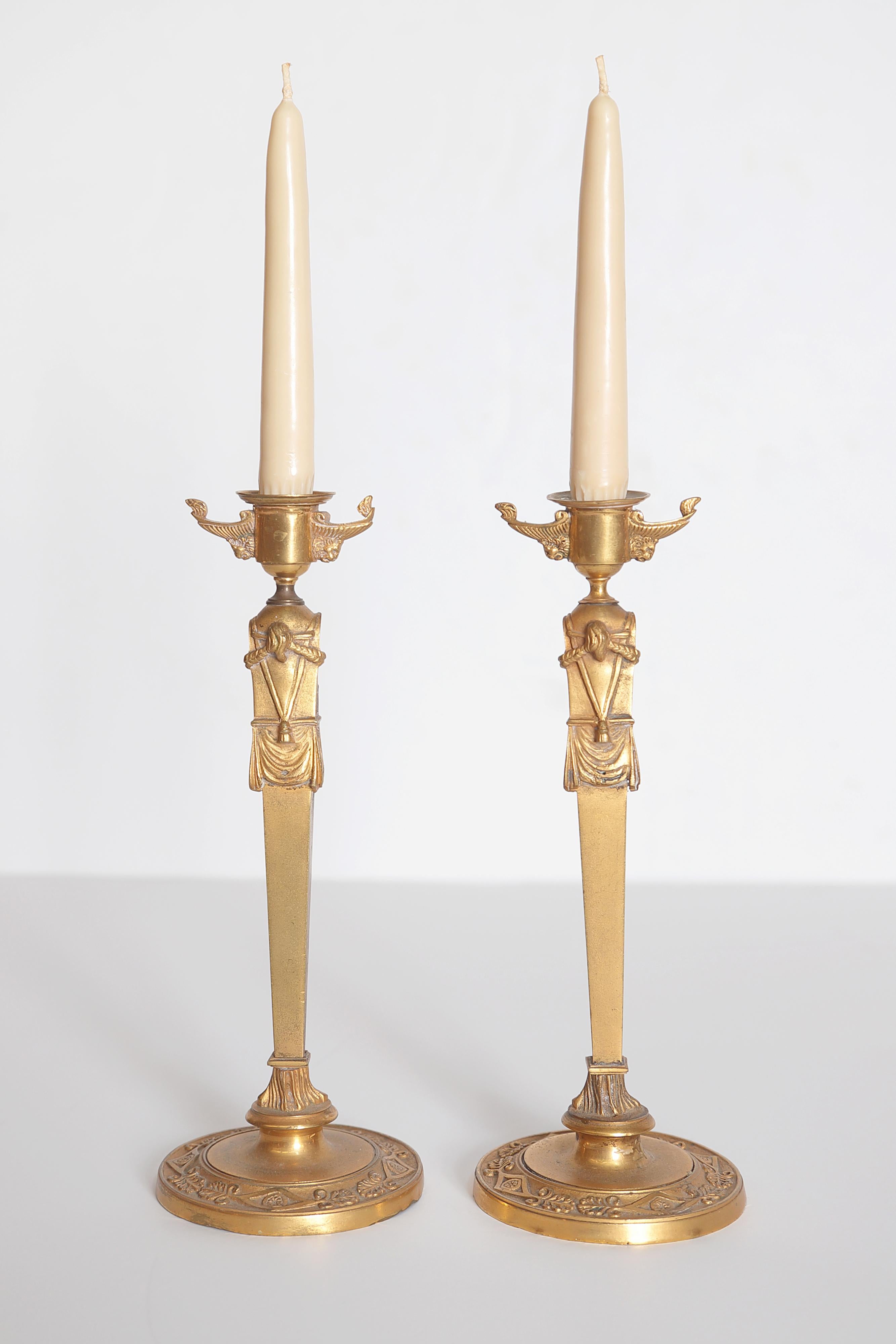 Pair of Regency Gilt Bronze Candlesticks in the Egyptian Taste For Sale 4