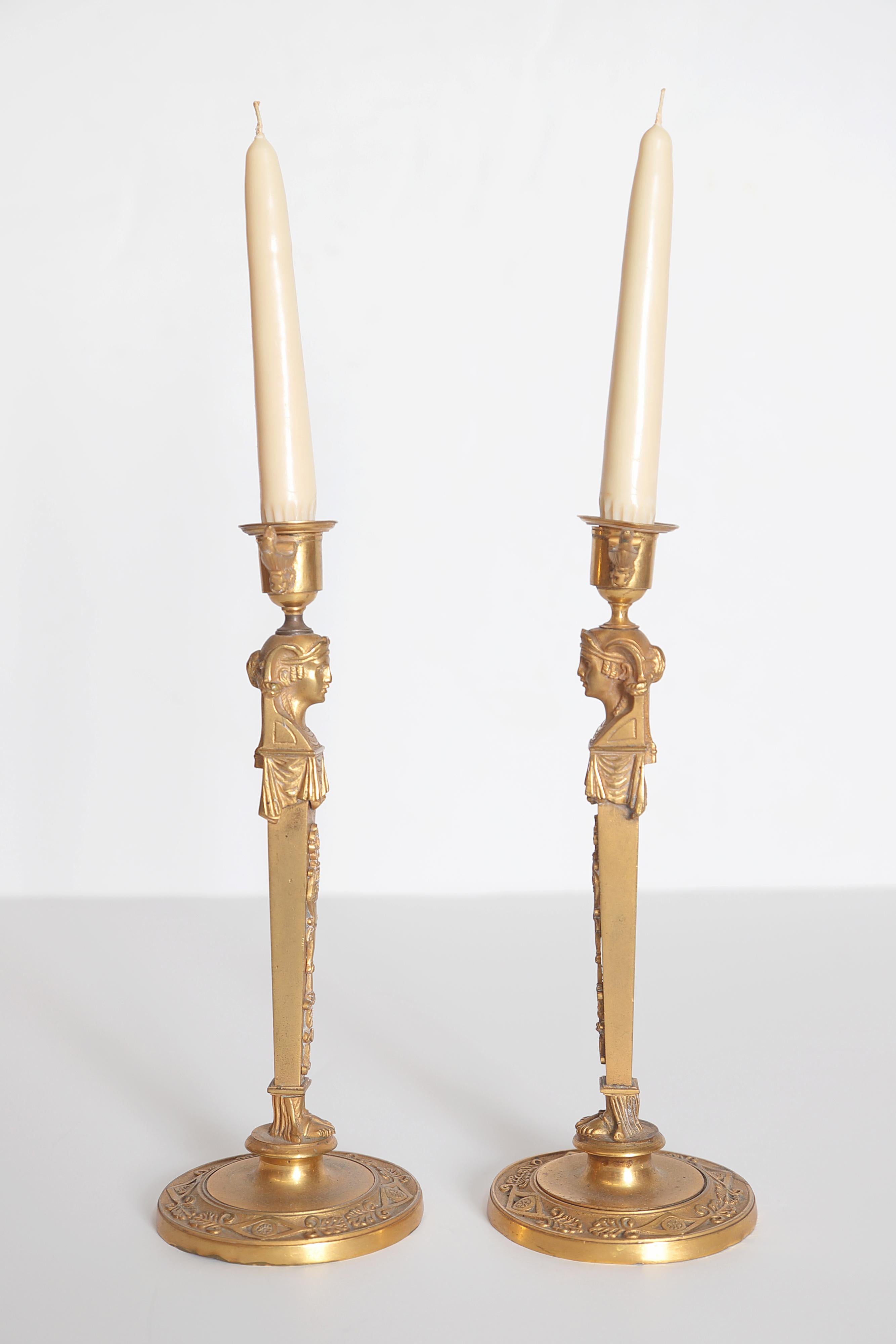 Pair of Regency Gilt Bronze Candlesticks in the Egyptian Taste For Sale 5