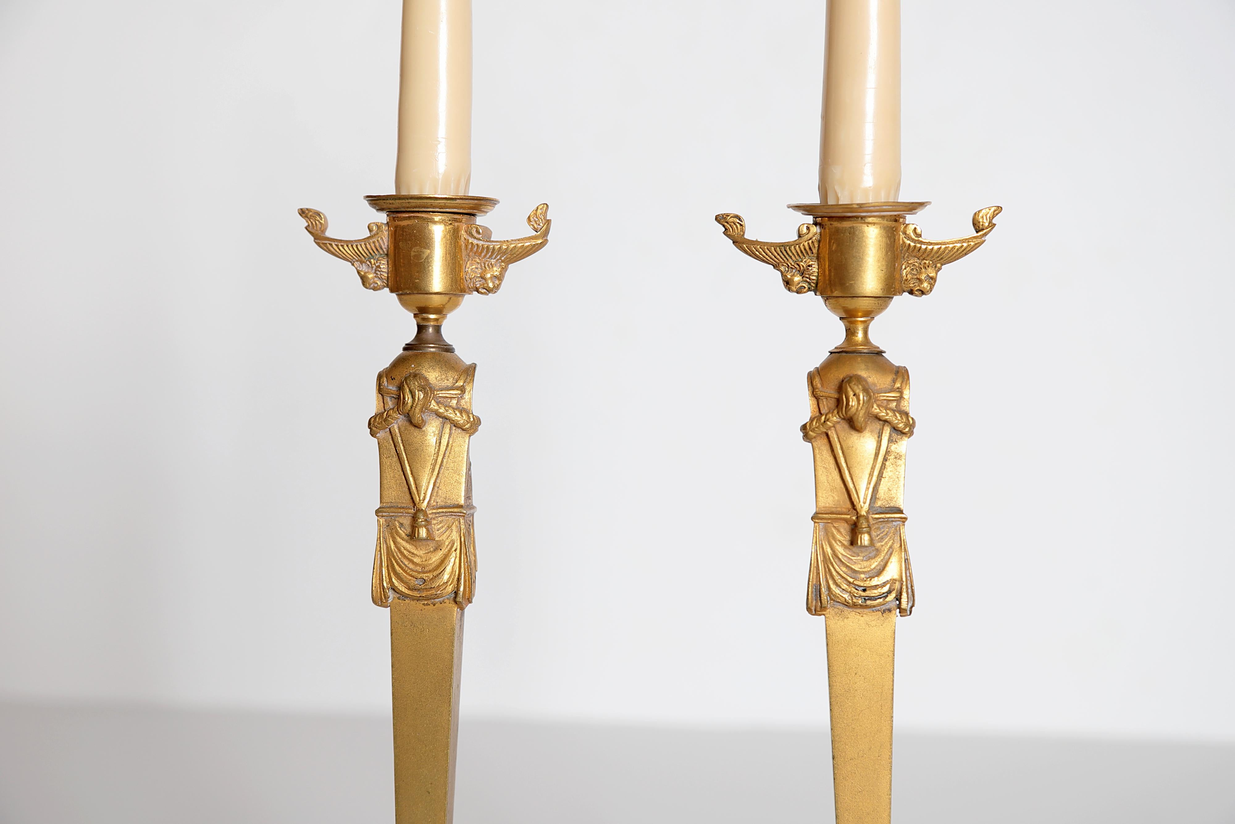 Pair of Regency Gilt Bronze Candlesticks in the Egyptian Taste For Sale 7