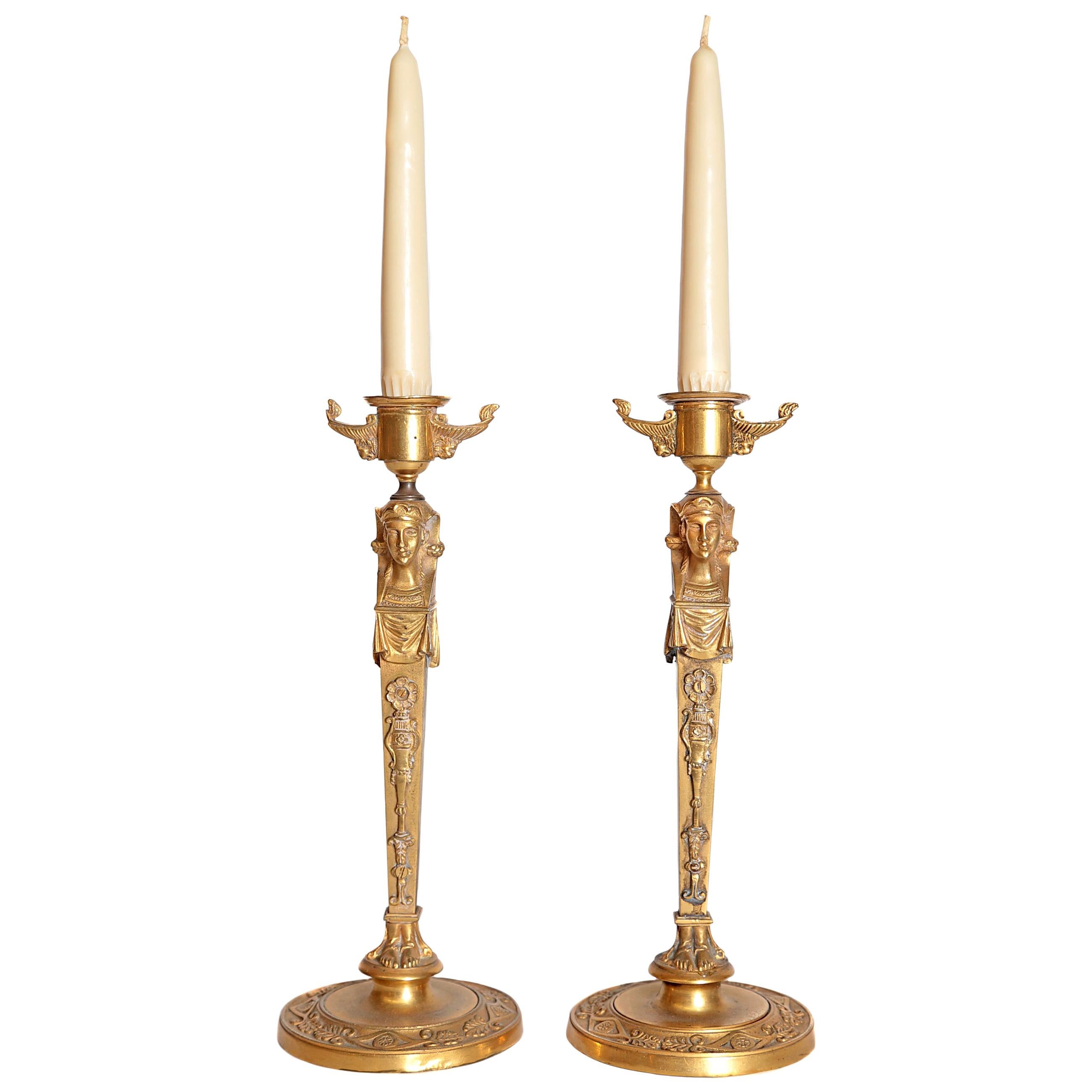 Pair of Regency Gilt Bronze Candlesticks in the Egyptian Taste For Sale
