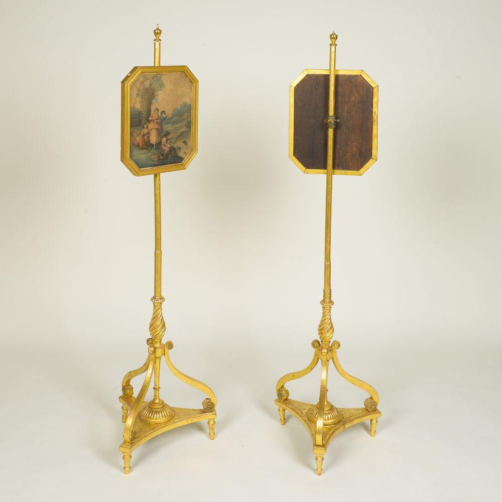 English Pair of Regency Giltwood Pole Screens with Hand-Tinted Engravings For Sale