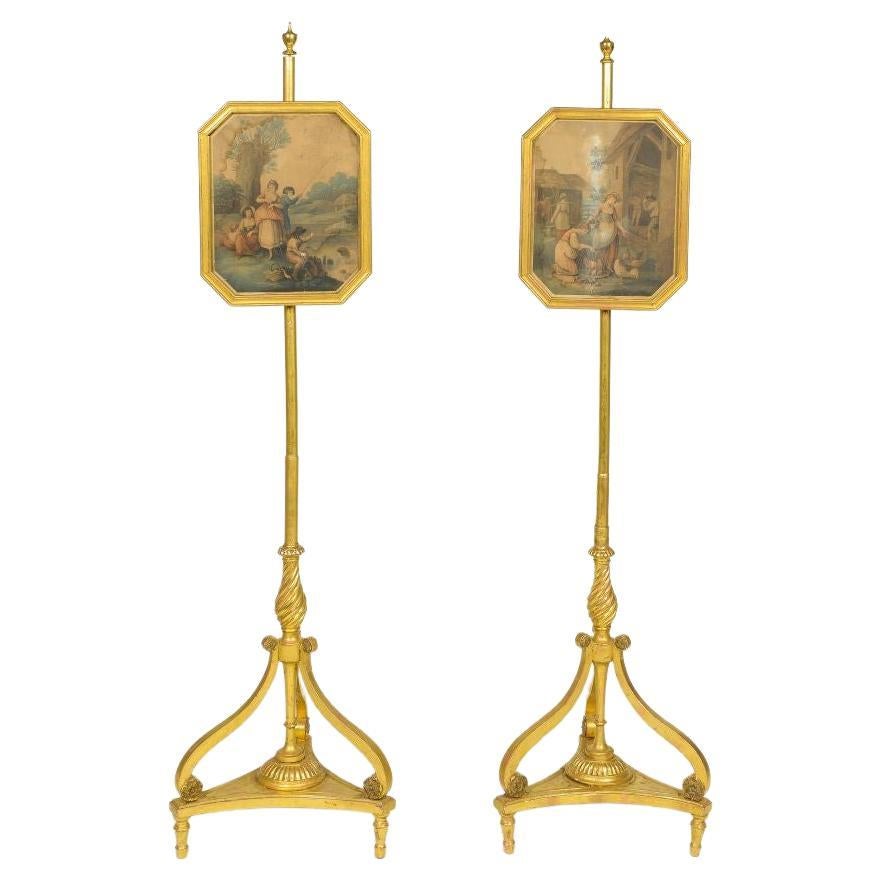 Pair of Regency Giltwood Pole Screens with Hand-Tinted Engravings For Sale