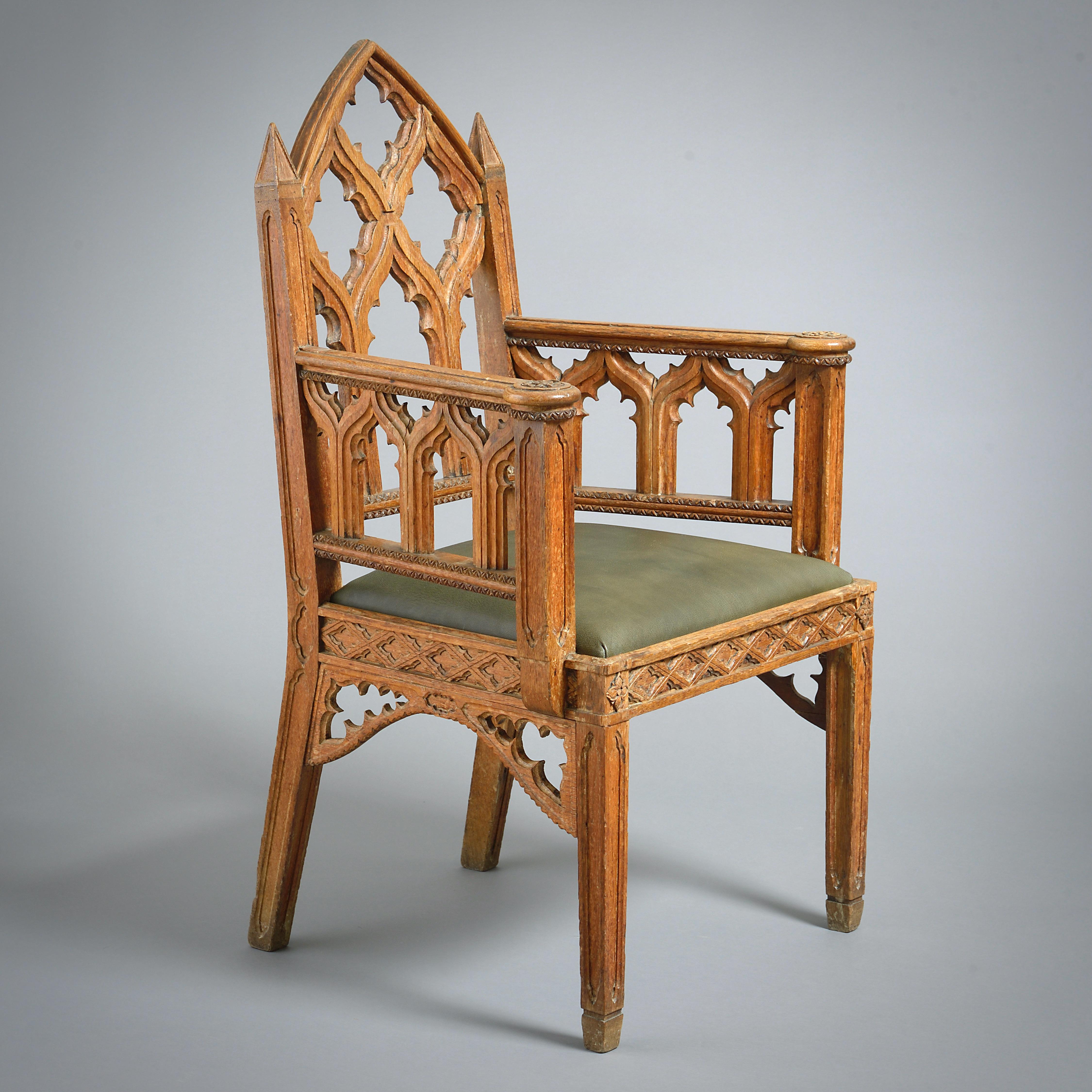19th Century Pair of Regency Gothic Oak Armchairs