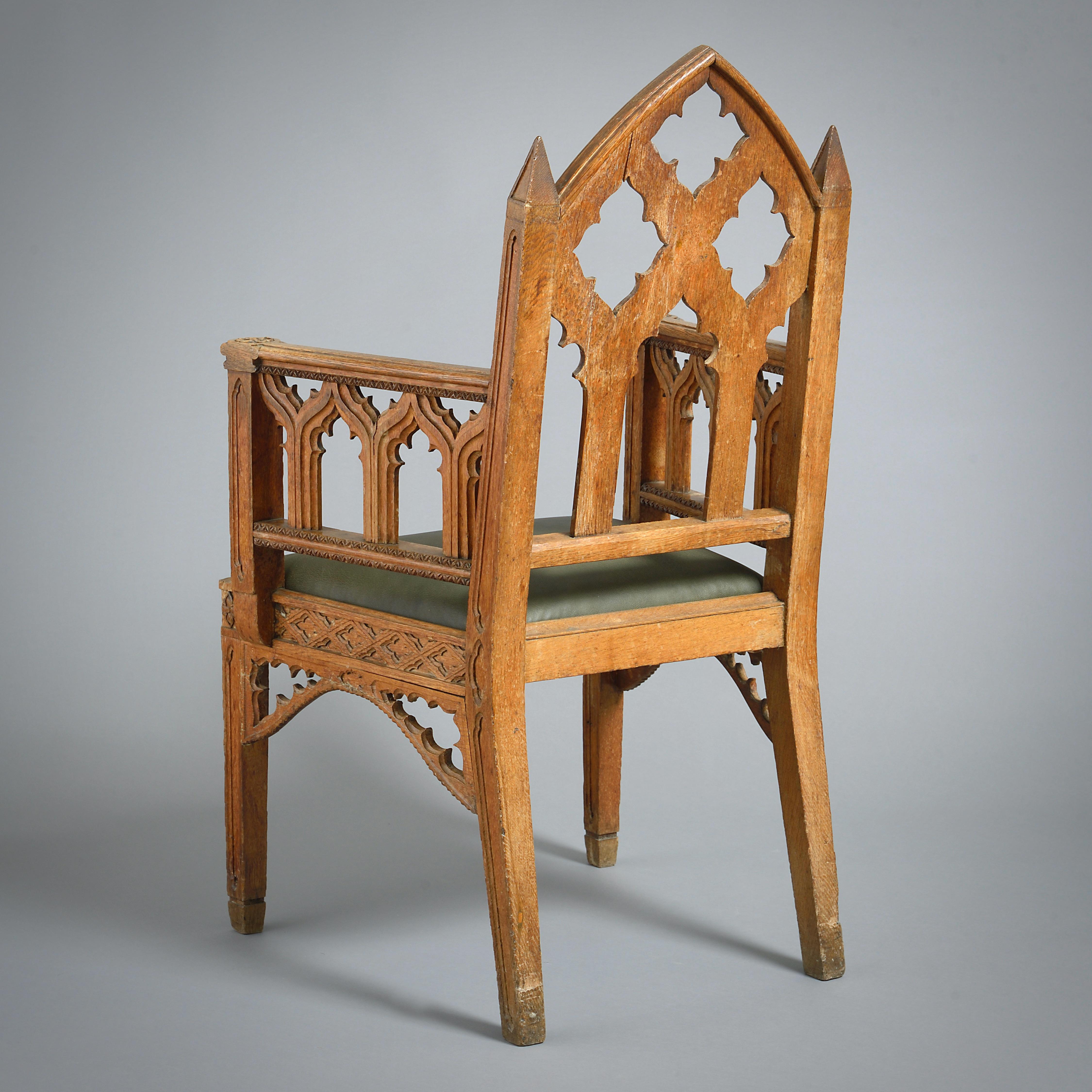 Leather Pair of Regency Gothic Oak Armchairs