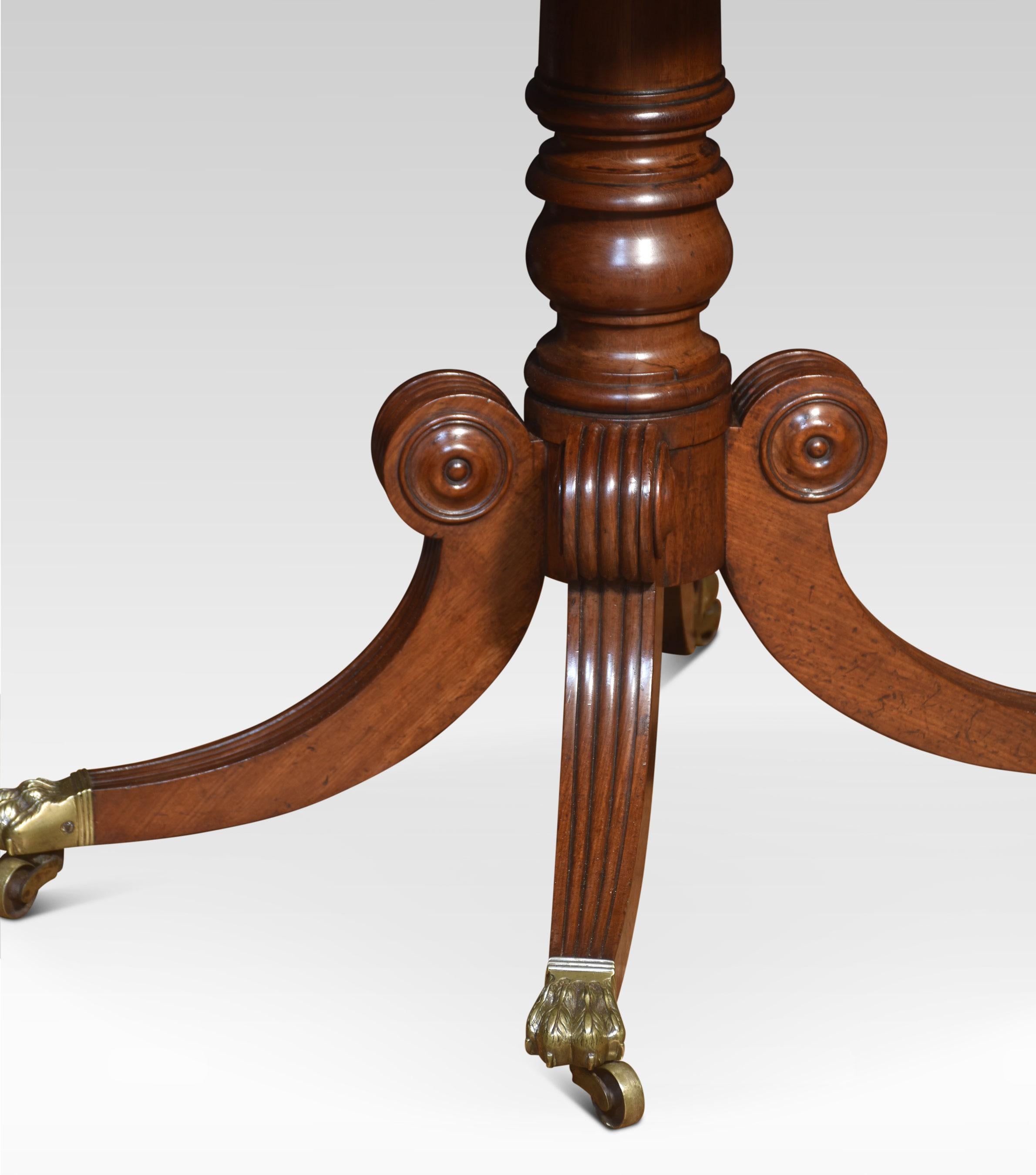 Pair of Regency hall tables, the we’ll figured mahogany tops supported on turned columns. All raised up on four sabre legs, terminating in brass paw feet and castors.
Dimensions
Height 28.5 Inches
Width 47.5 Inches
Depth 22.5 Inches
