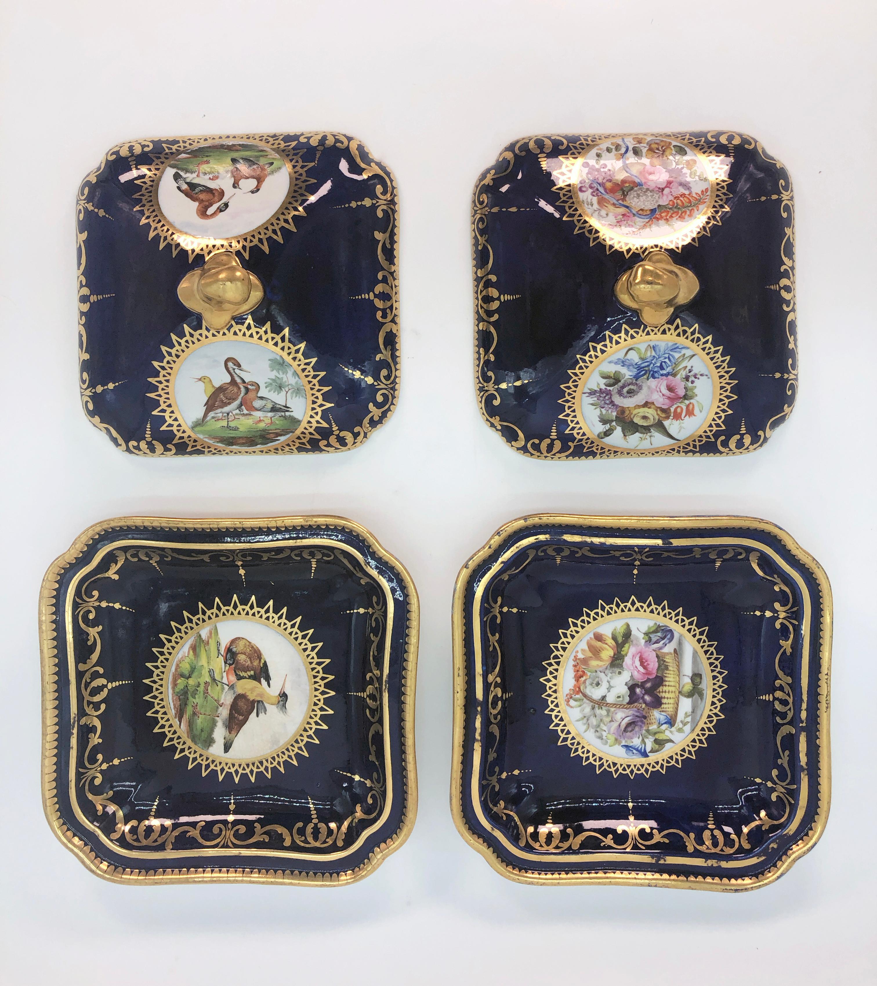 English Pair of Regency Hand Painted Porcelain Covered Dishes by Coalport, circa 1805 For Sale