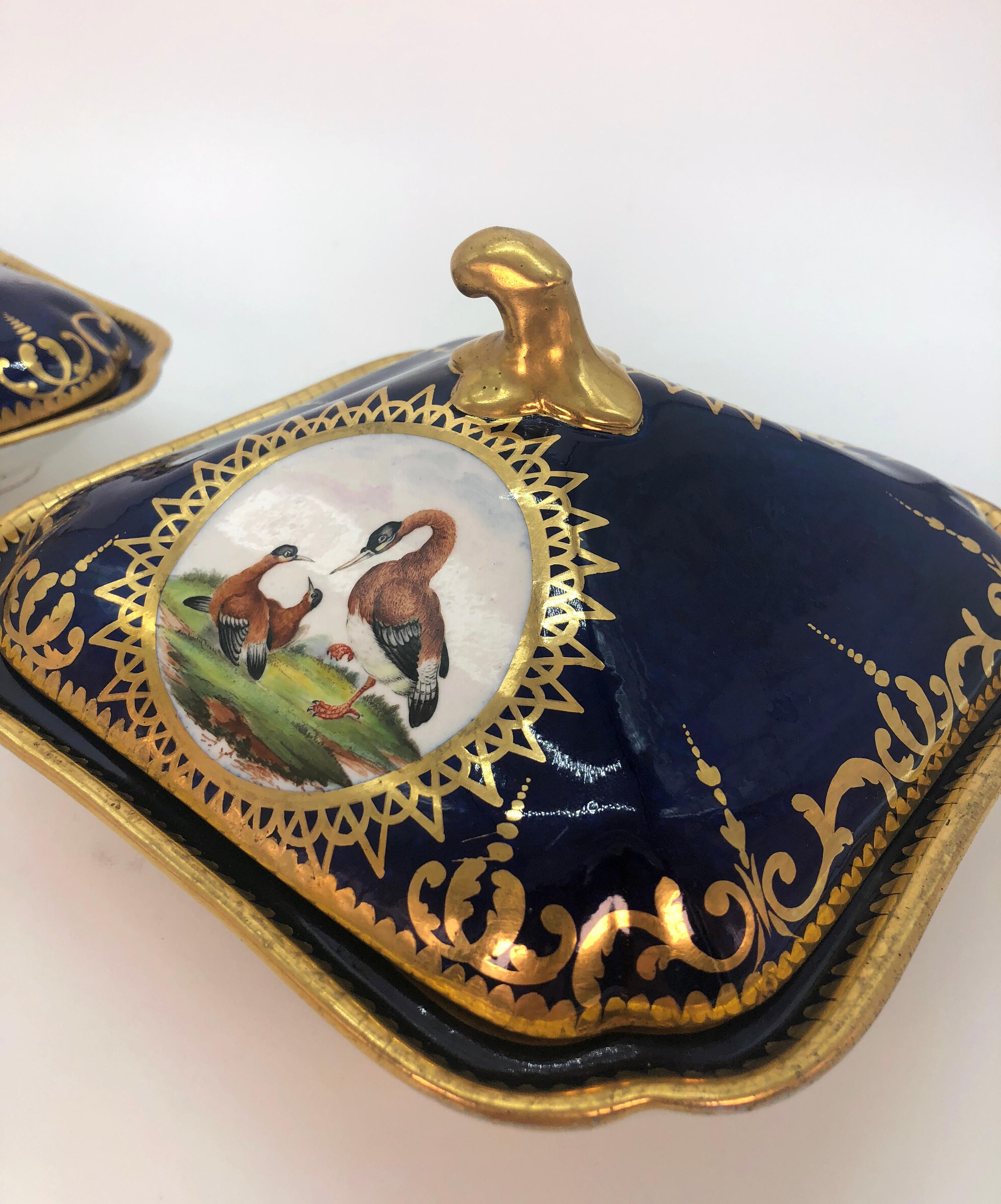 Hand-Painted Pair of Regency Hand Painted Porcelain Covered Dishes by Coalport, circa 1805 For Sale