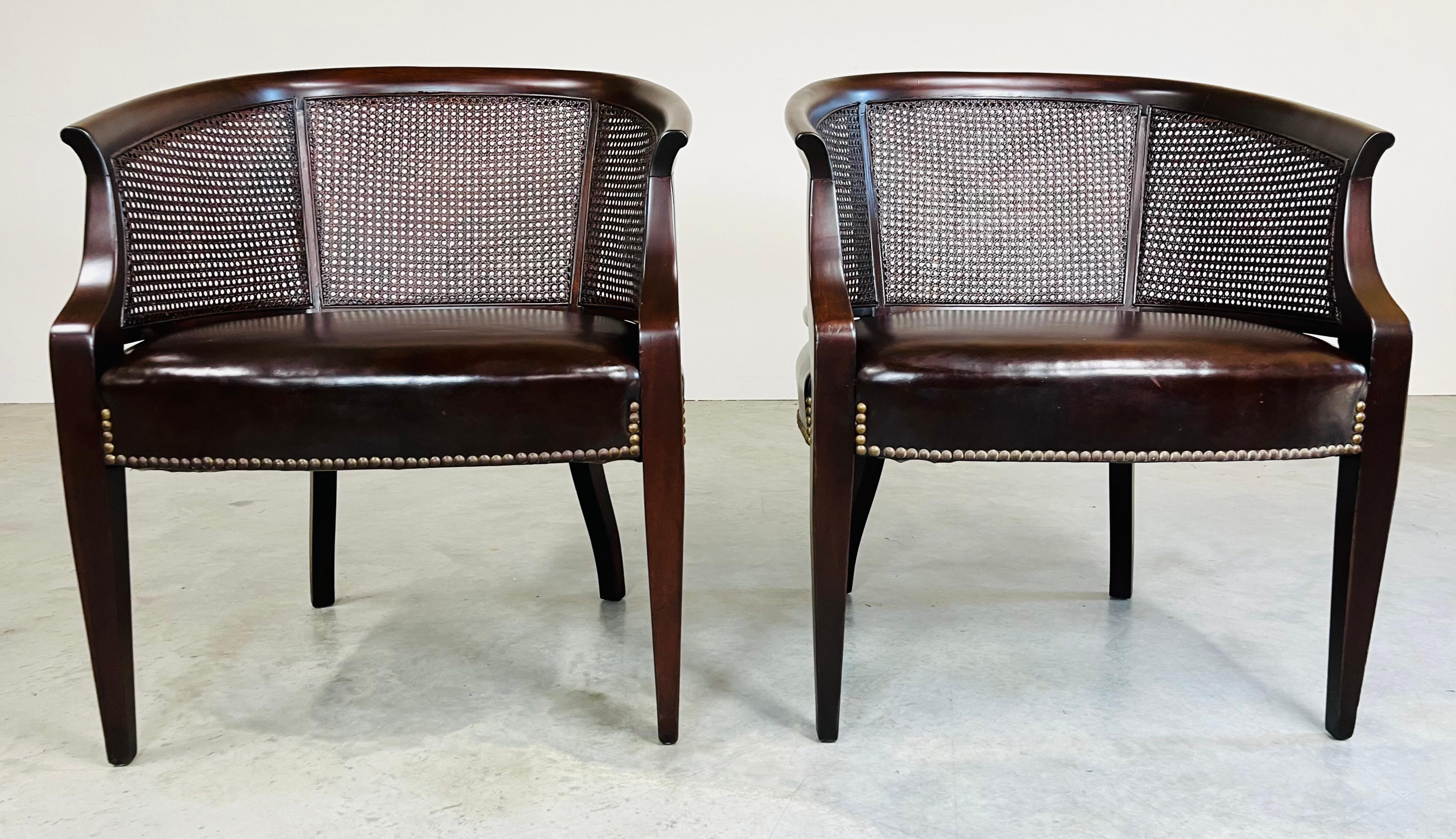 American Pair of Regency Hickory Chair Co. Cane Barrel Back Club Chairs Having Lithe Legs For Sale