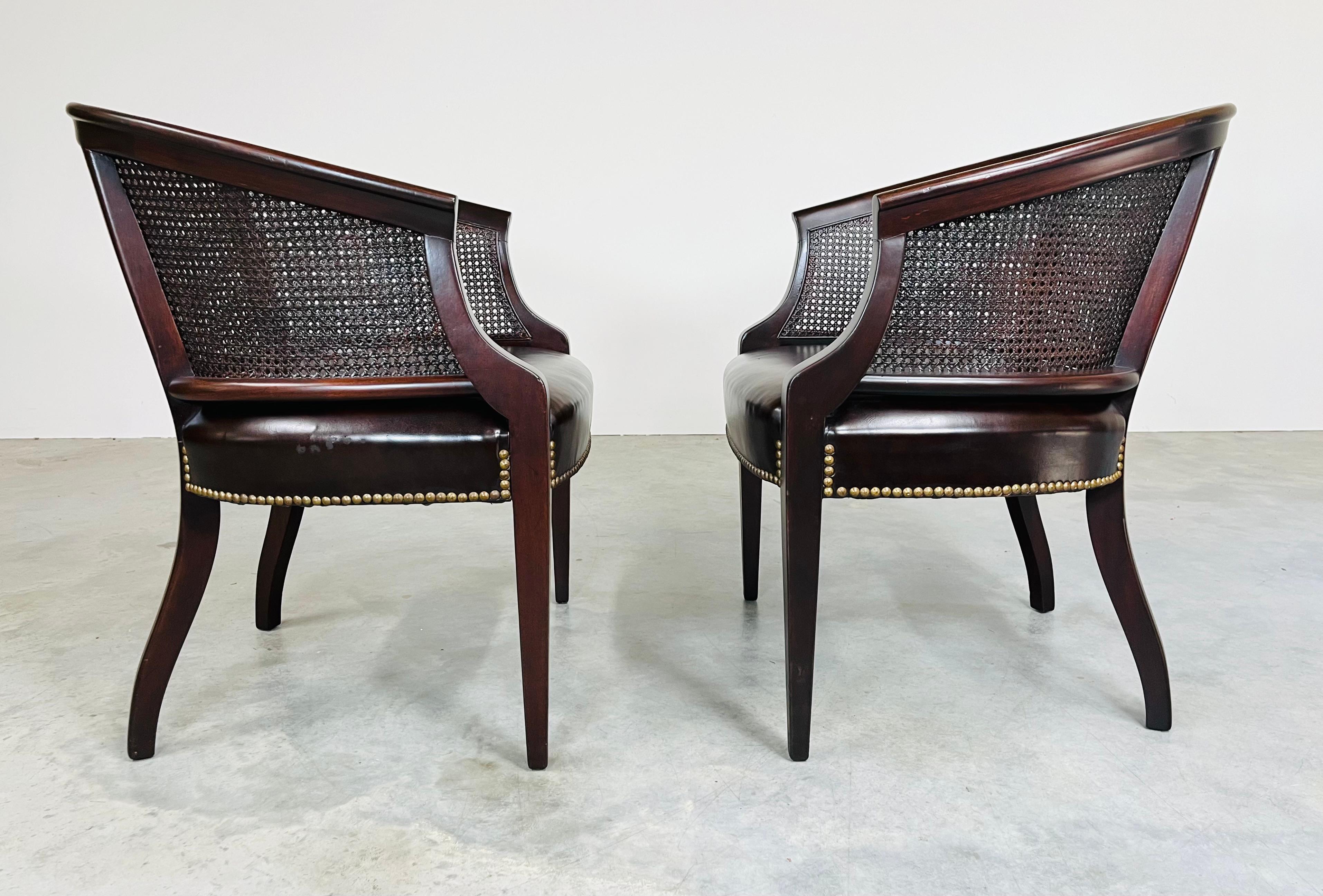 Pair of Regency Hickory Chair Co. Cane Barrel Back Club Chairs Having Lithe Legs In Excellent Condition For Sale In Southampton, NJ
