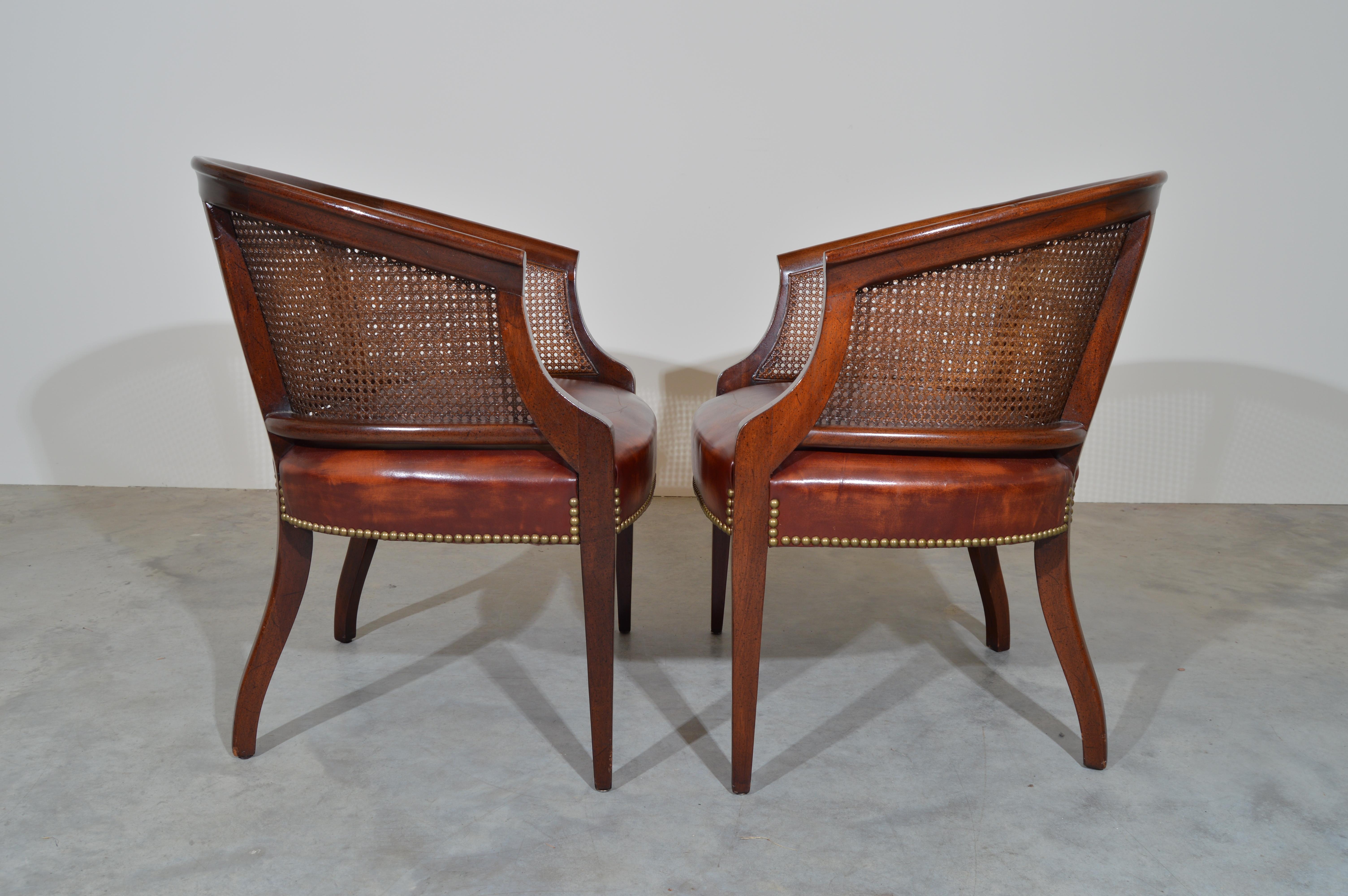 American Pair of Regency Hickory Chair Co. Cane Barrel Back Club Chairs Having Lithe Legs