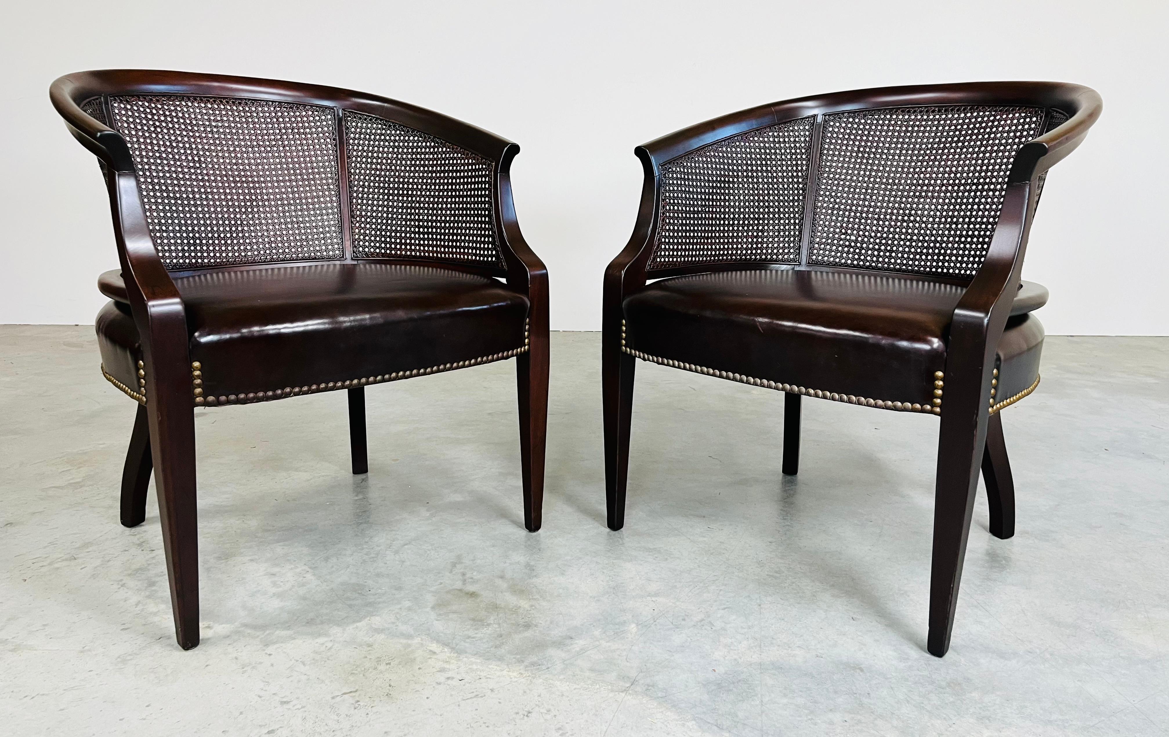 Leather Pair of Regency Hickory Chair Co. Cane Barrel Back Club Chairs Having Lithe Legs For Sale