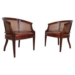 Pair of Regency Hickory Chair Co. Cane Barrel Back Club Chairs Having Lithe Legs