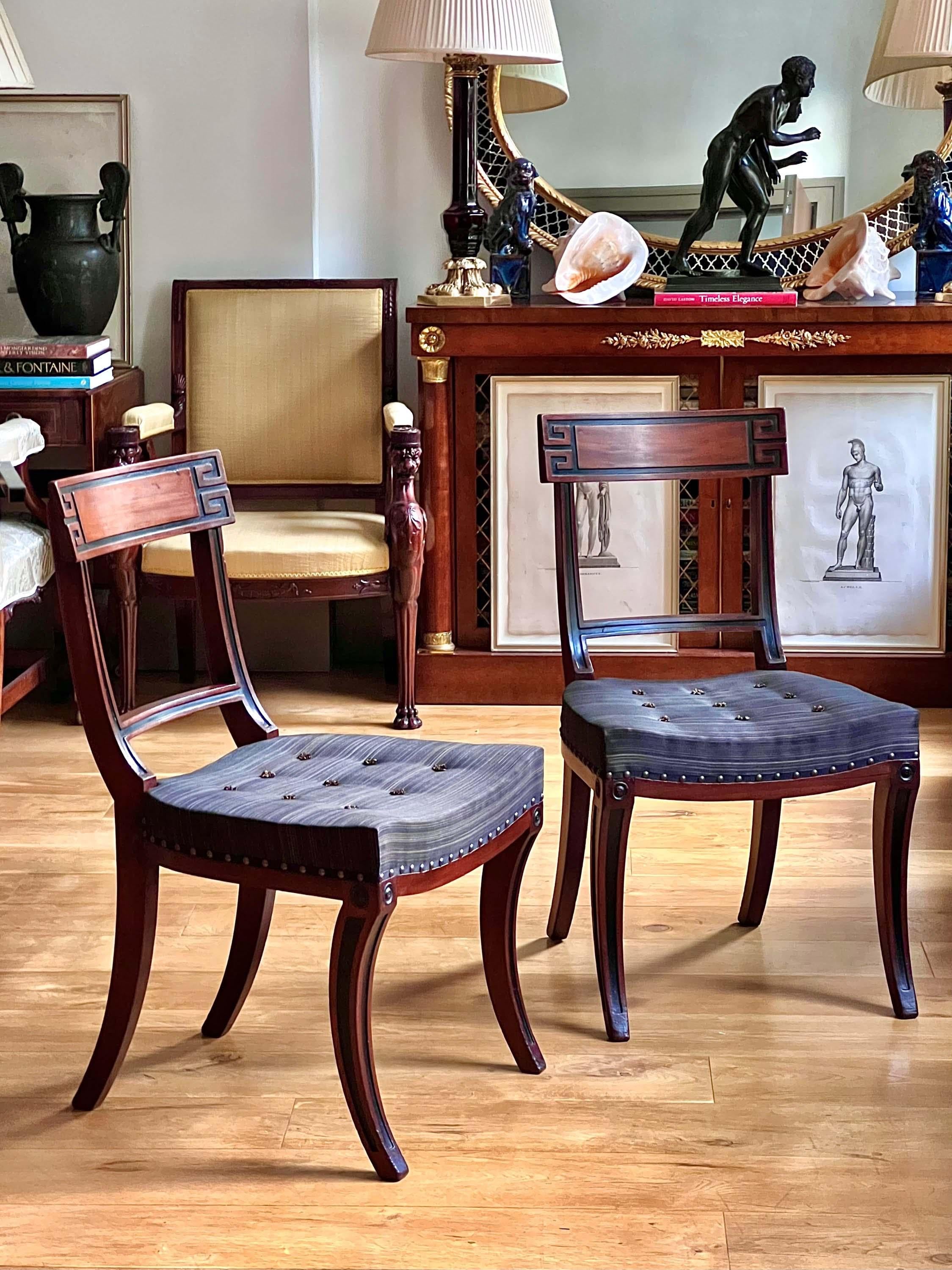 A very chic Regency period pair of 'Klismos' chairs with Greek key decoration to the backs, attributable to Gillows of Lancaster and London,

England, circa 1805.

Why we like them
These superb quality, wonderfully stylish Klismos chairs,