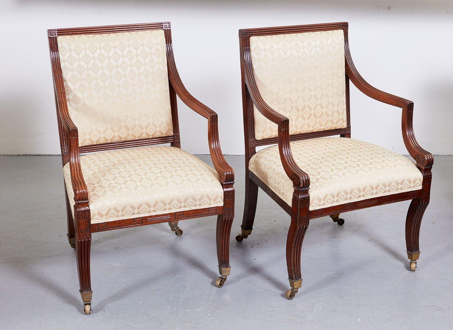 Carved Pair of Regency Library Armchairs For Sale