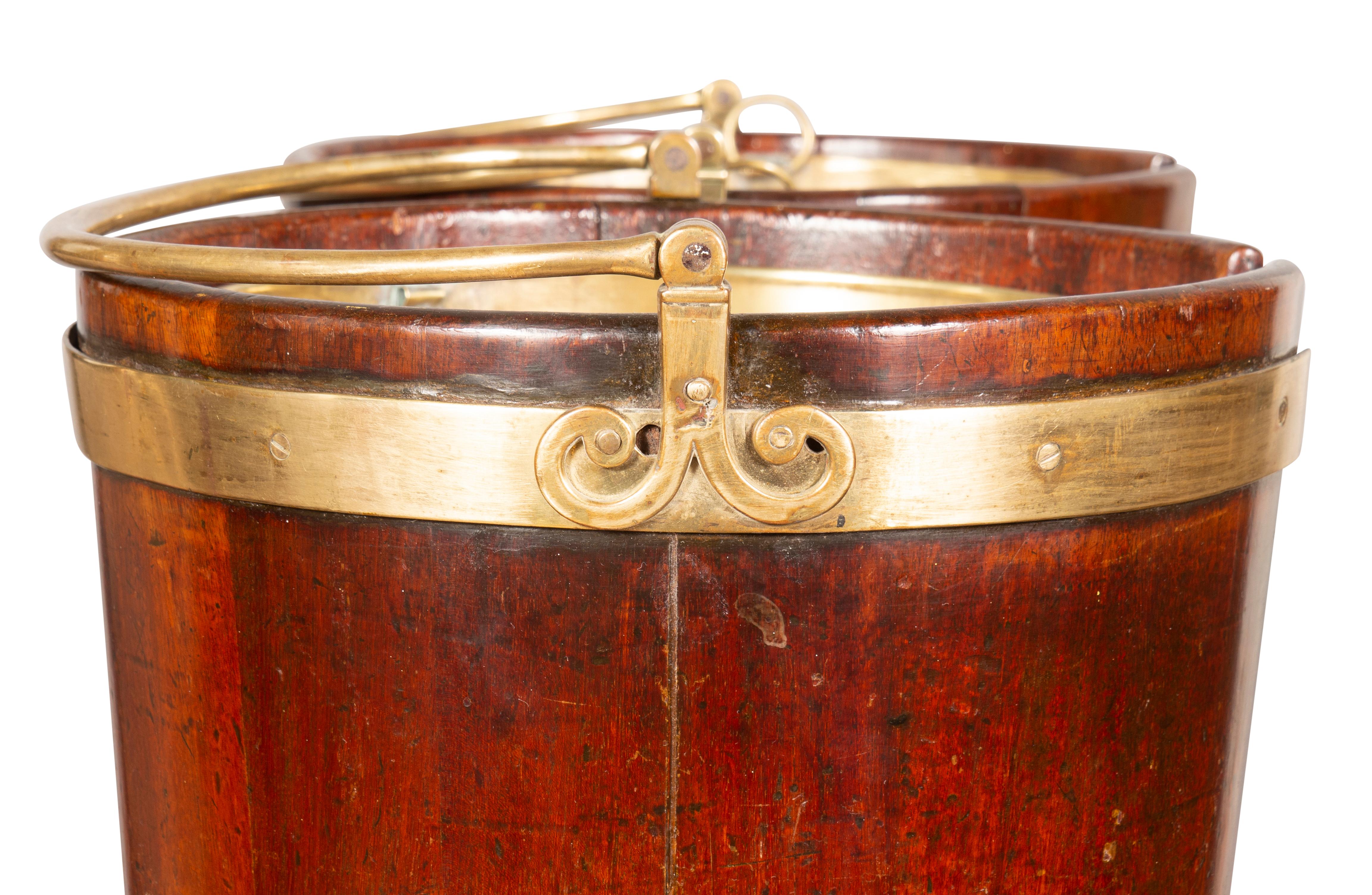English Pair of Regency Mahogany and Brass Banded Plate Buckets For Sale