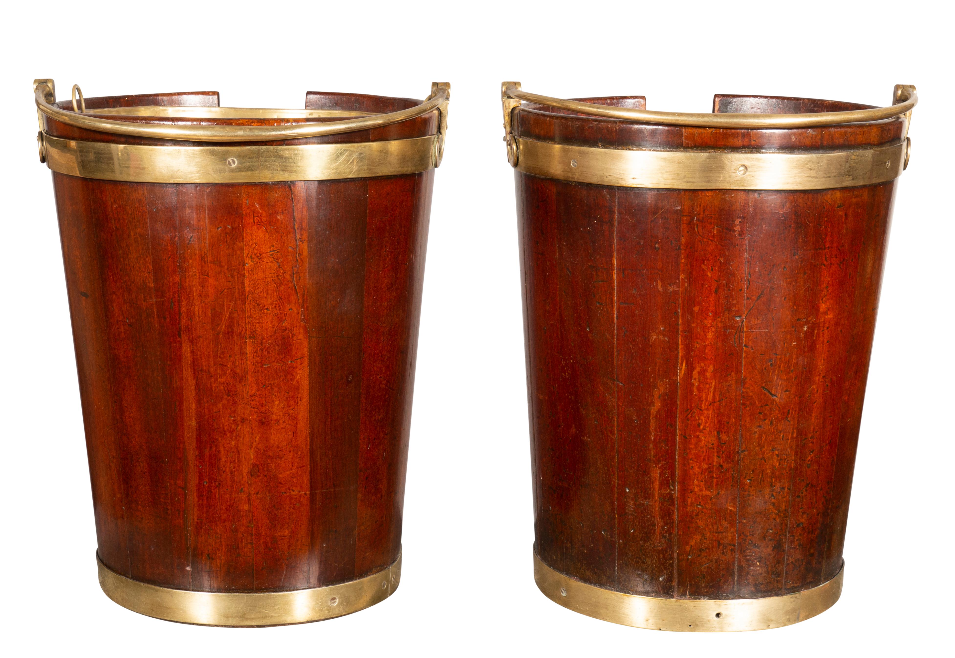 Early 19th Century Pair of Regency Mahogany and Brass Banded Plate Buckets For Sale
