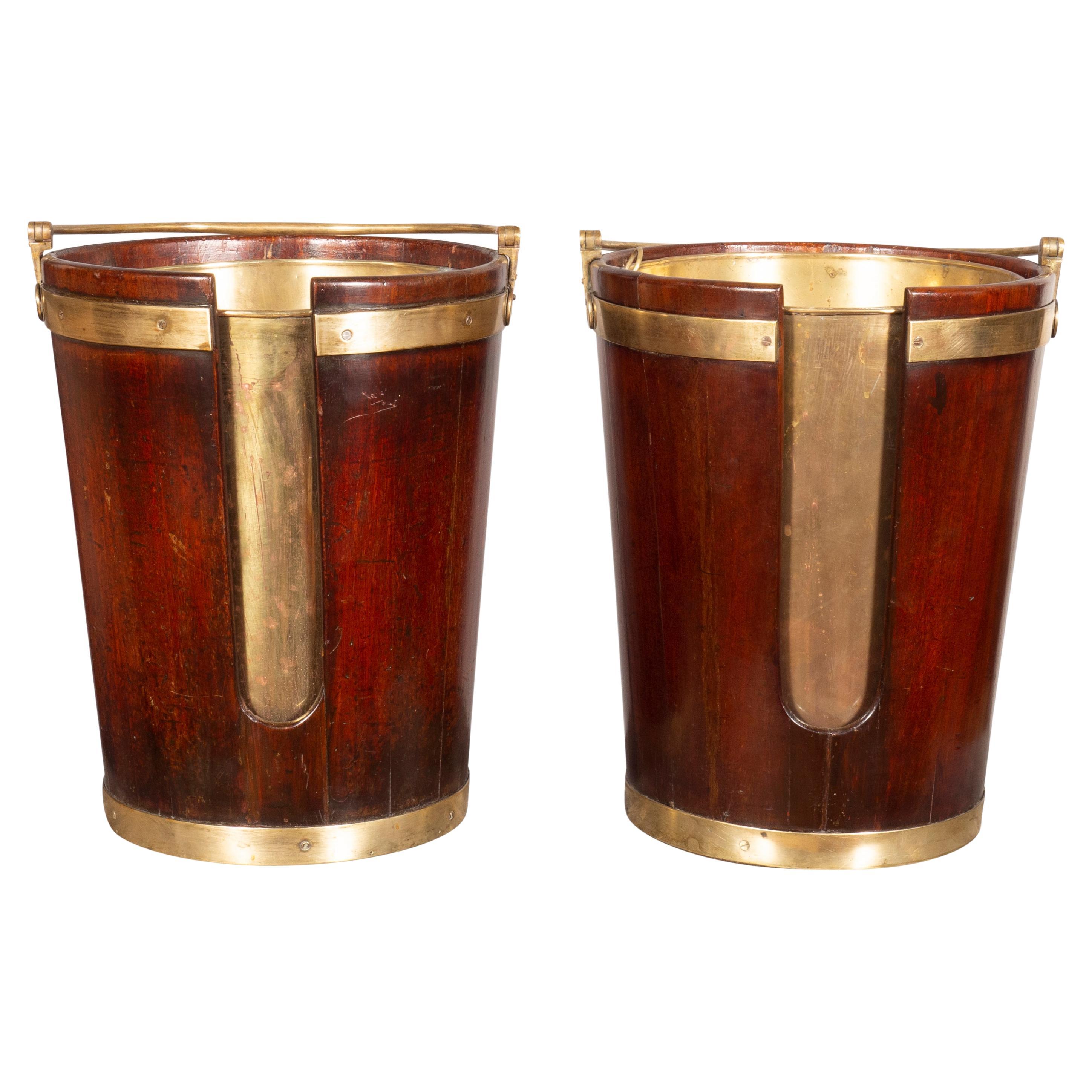 Pair of Regency Mahogany and Brass Banded Plate Buckets For Sale