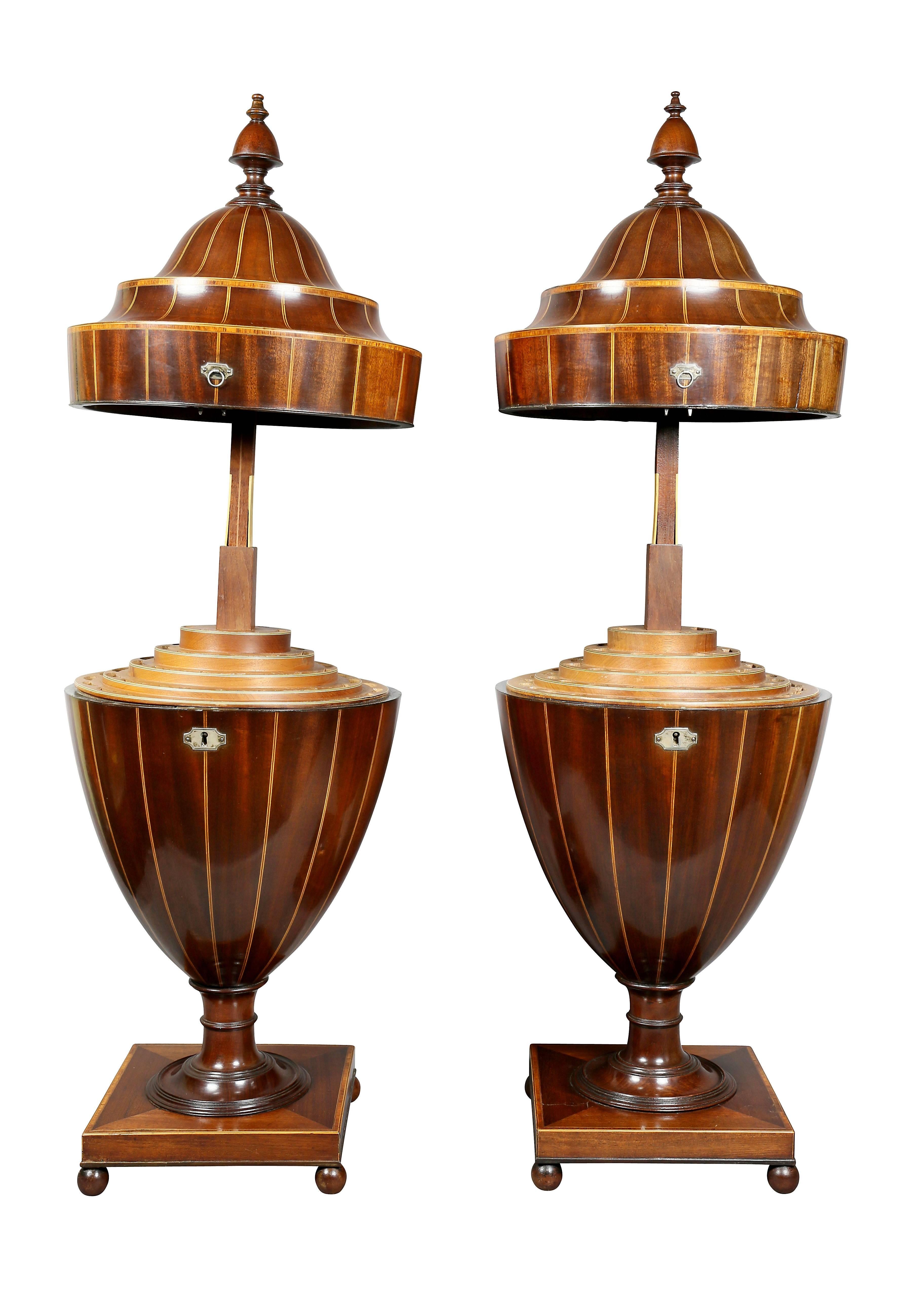 English Pair of Regency Mahogany and Inlaid Cutlery Urns