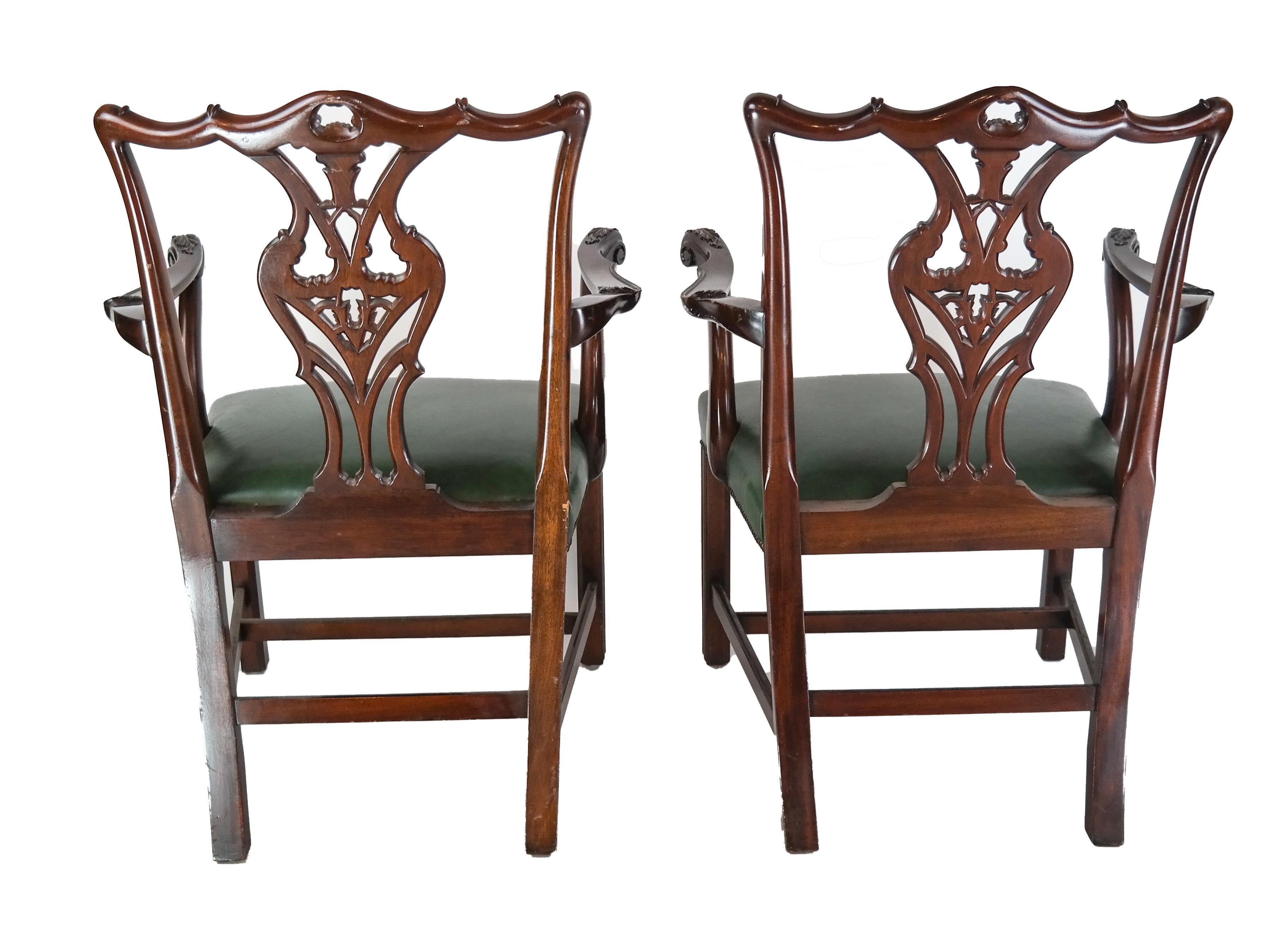 20th Century Pair of Regency Mahogany Arm Chairs in Green Leather