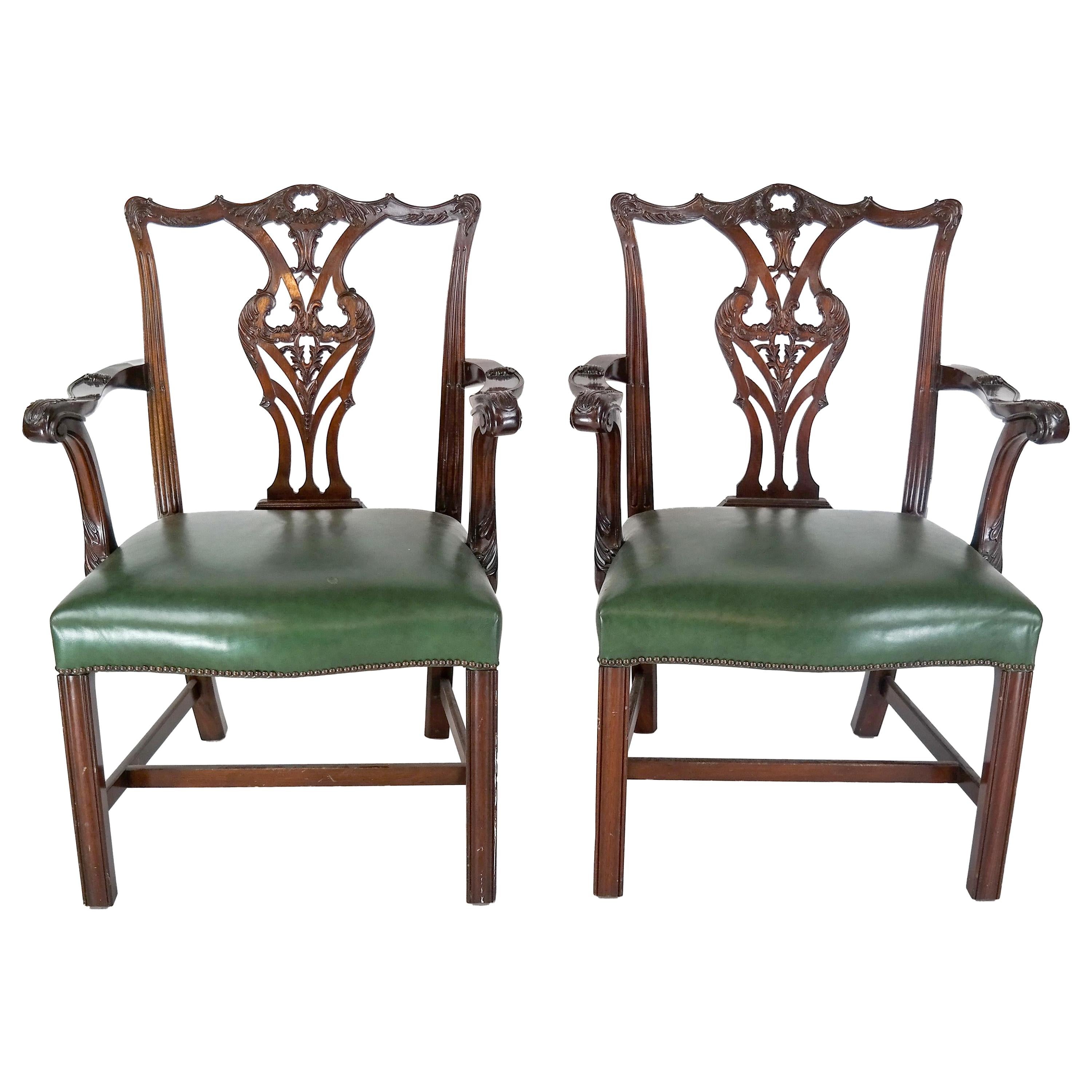 Pair of Regency Mahogany Arm Chairs in Green Leather