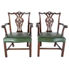 Pair of Regency Mahogany Arm Chairs in Green Leather
