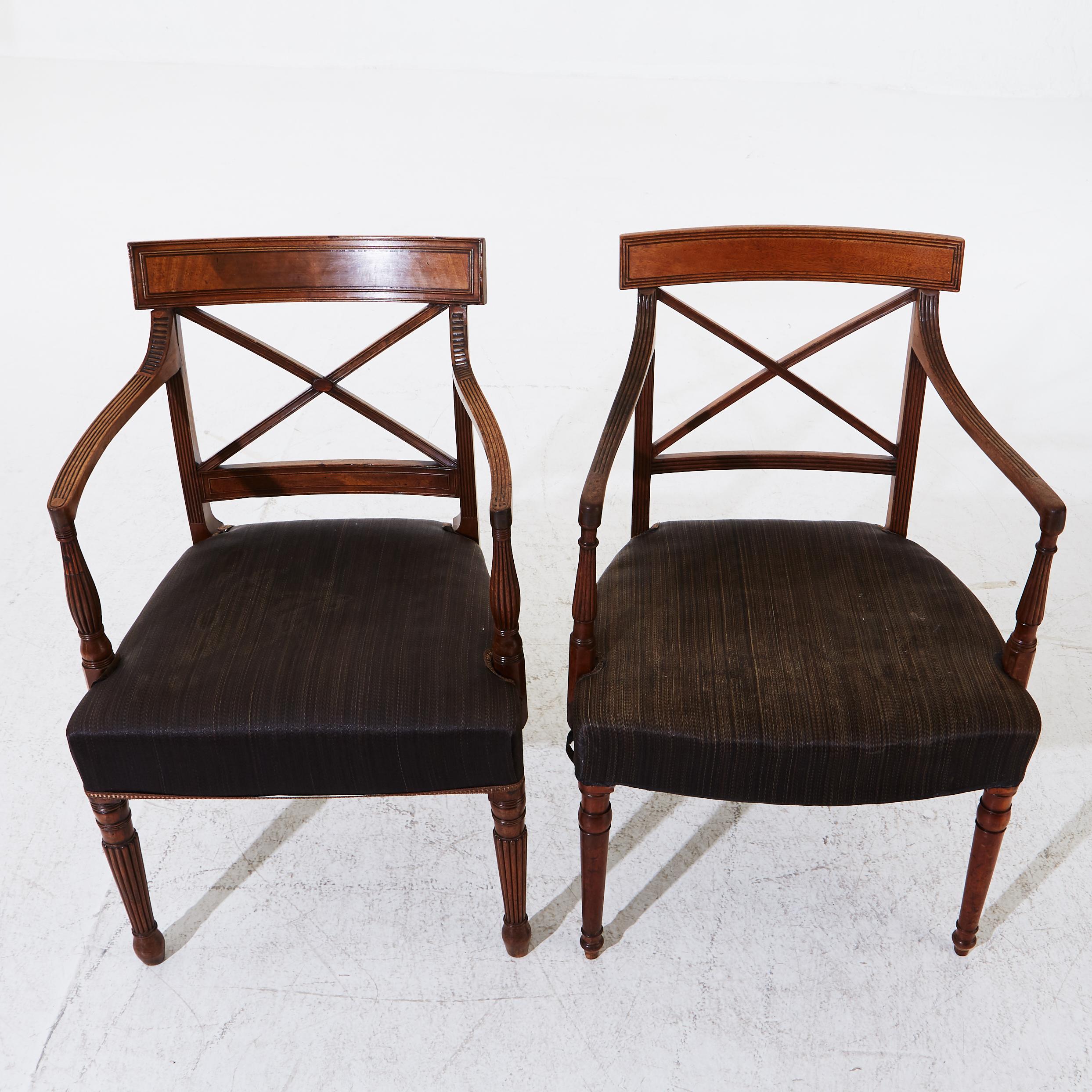 Two Regency era mahogany armchairs with horsehair upholstery
From England, early 1800s century. Gorgeous patina and very good structure and details. 
 
Measures: Seat height 17 in.


  