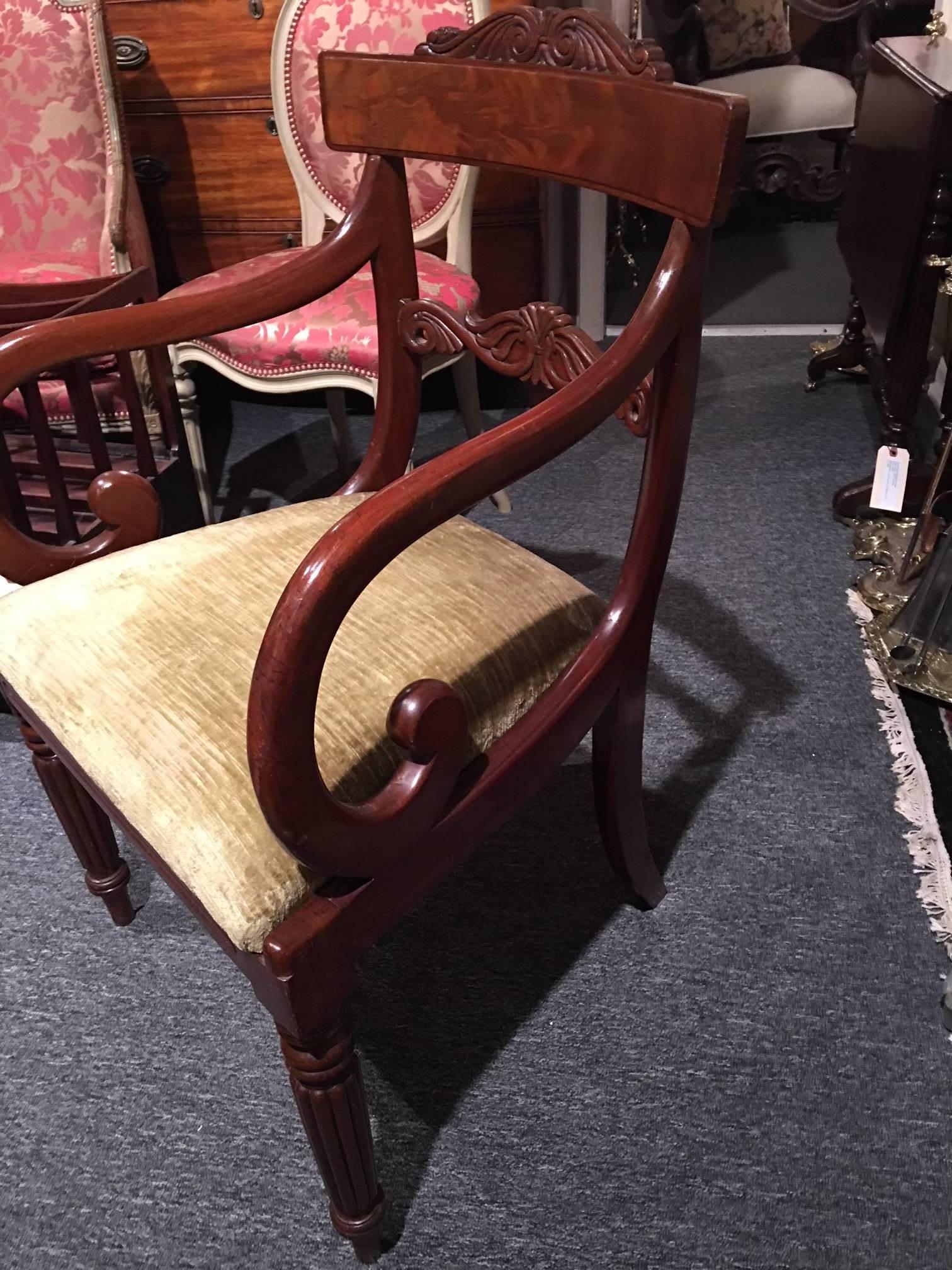 English Pair of Regency Mahogany Armchairs Standing on Reeded Legs, 19th Century