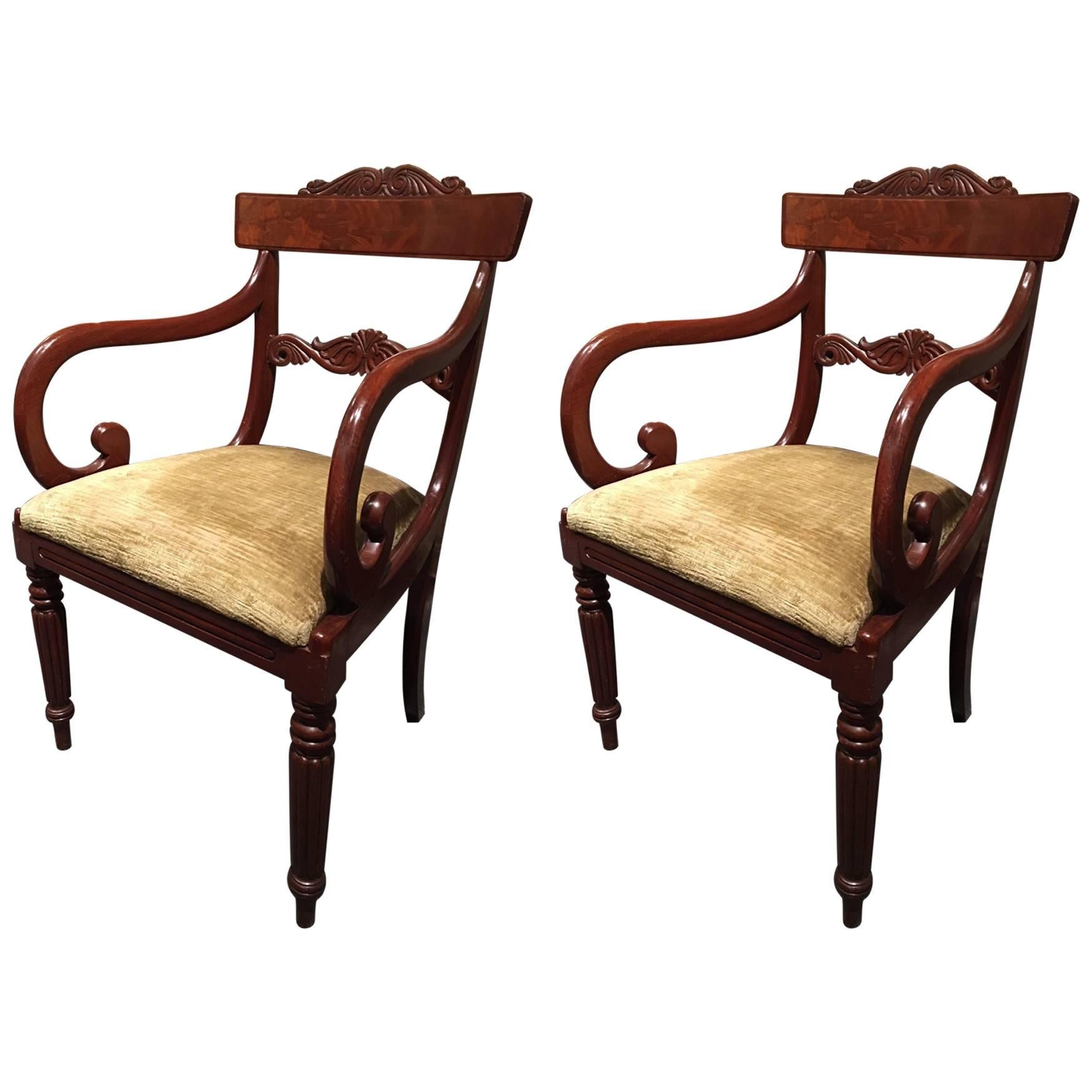 Pair of Regency Mahogany Armchairs Standing on Reeded Legs, 19th Century