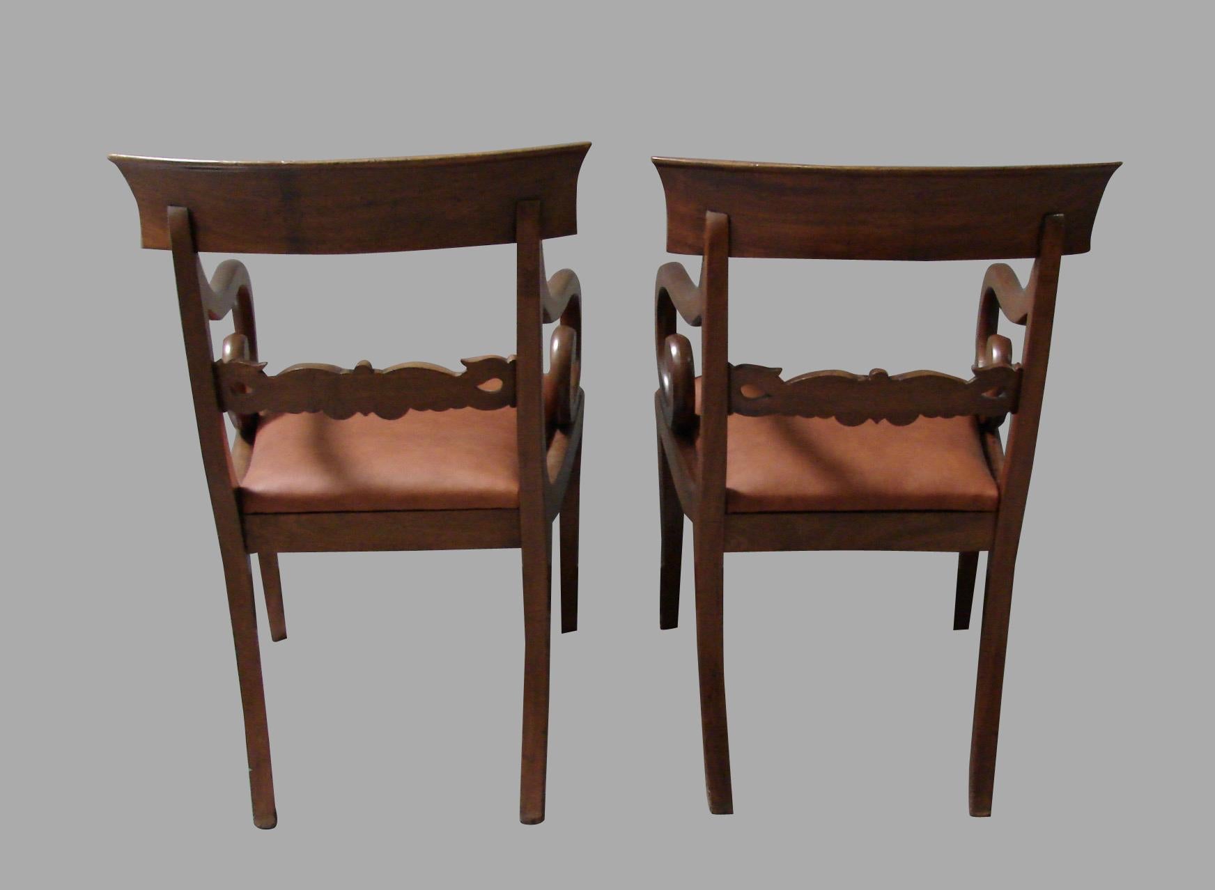 English Pair of Regency Mahogany Armchairs with Scroll Arms and Leather Seats
