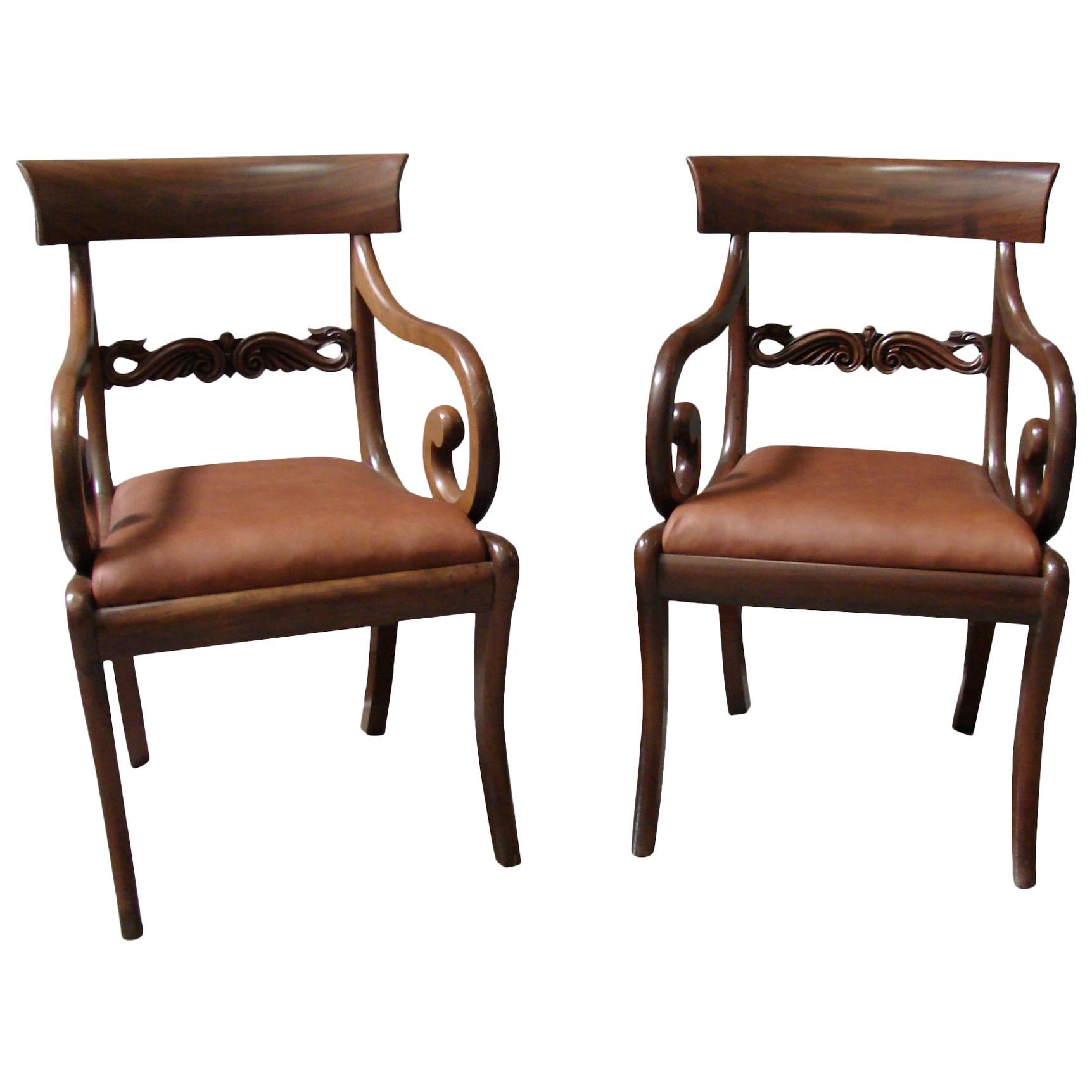 Pair of Regency Mahogany Armchairs with Scroll Arms and Leather Seats