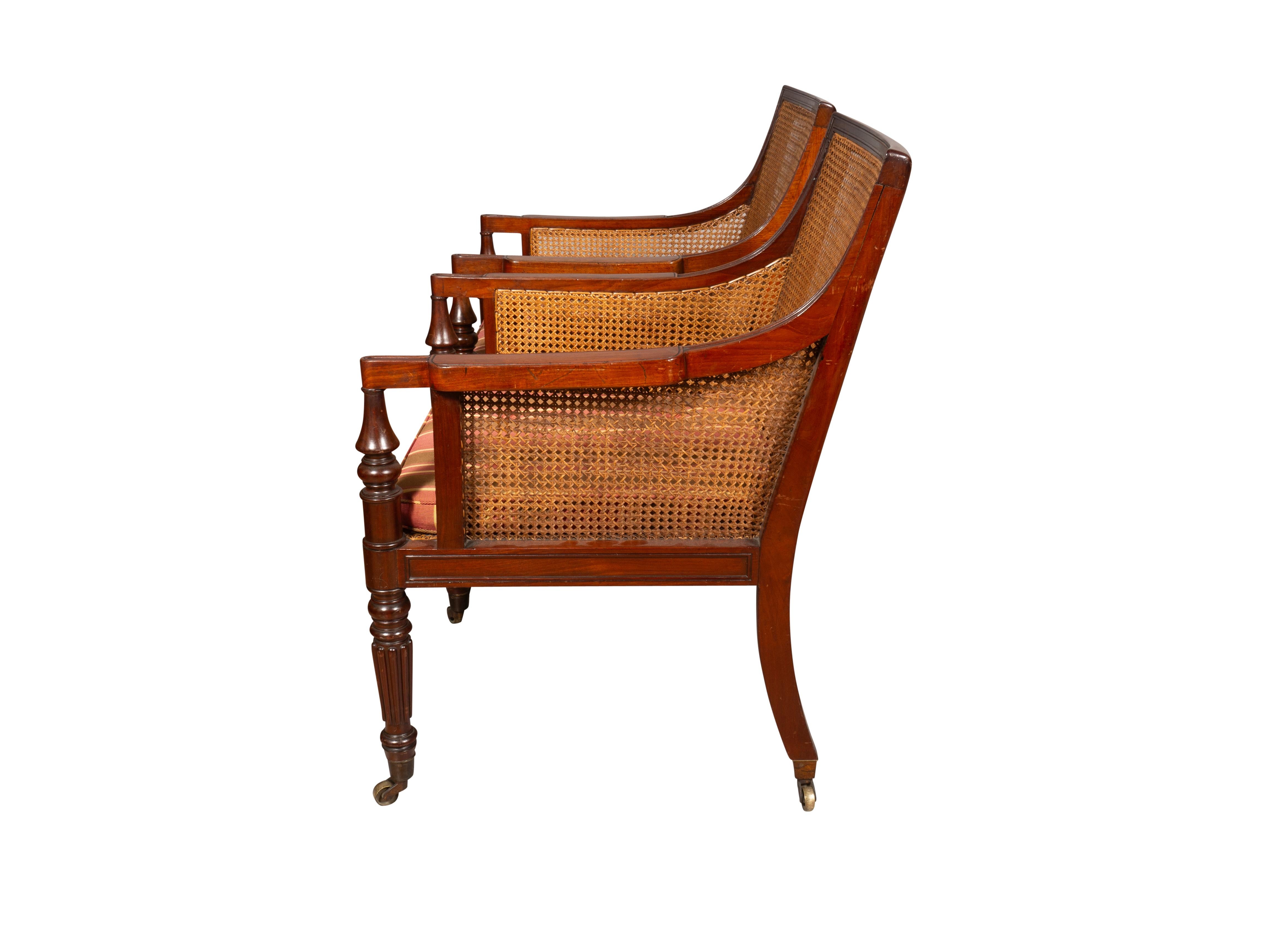 Brass Pair Of Regency Mahogany Caned Armchairs For Sale