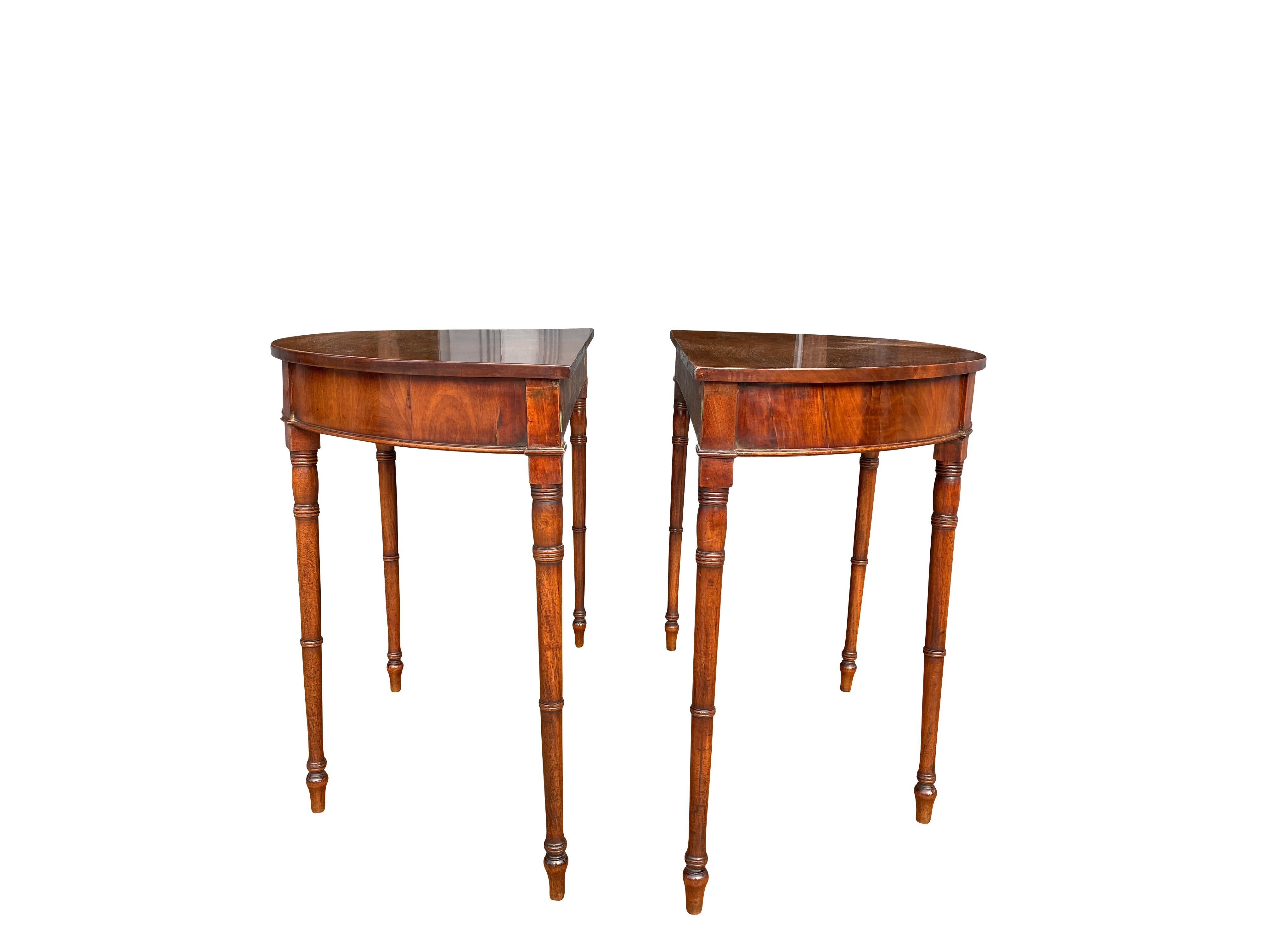 English Pair of Regency Mahogany Demilune Console Tables