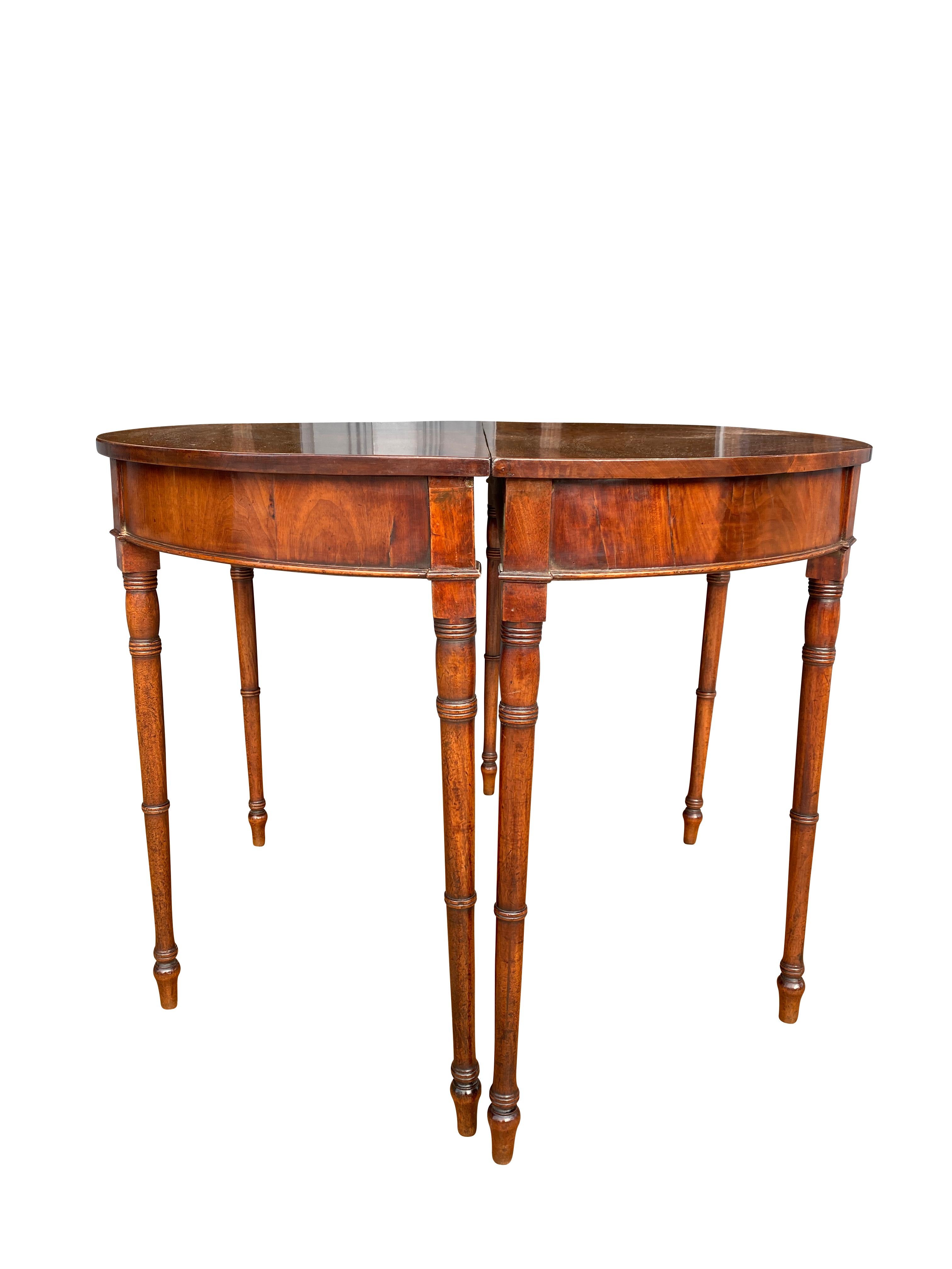 Pair of Regency Mahogany Demilune Console Tables In Good Condition In Essex, MA