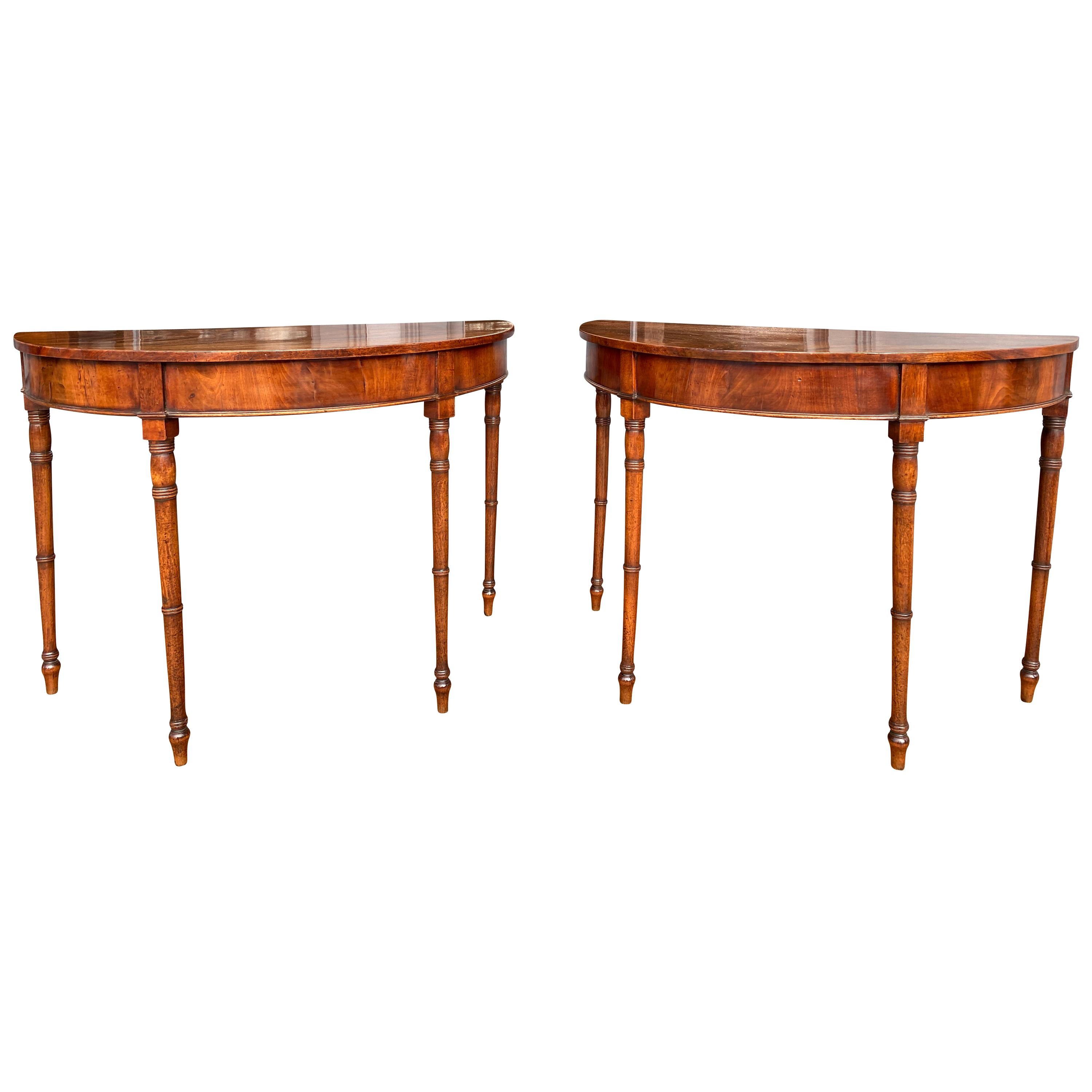 Pair of Regency Mahogany Demilune Console Tables