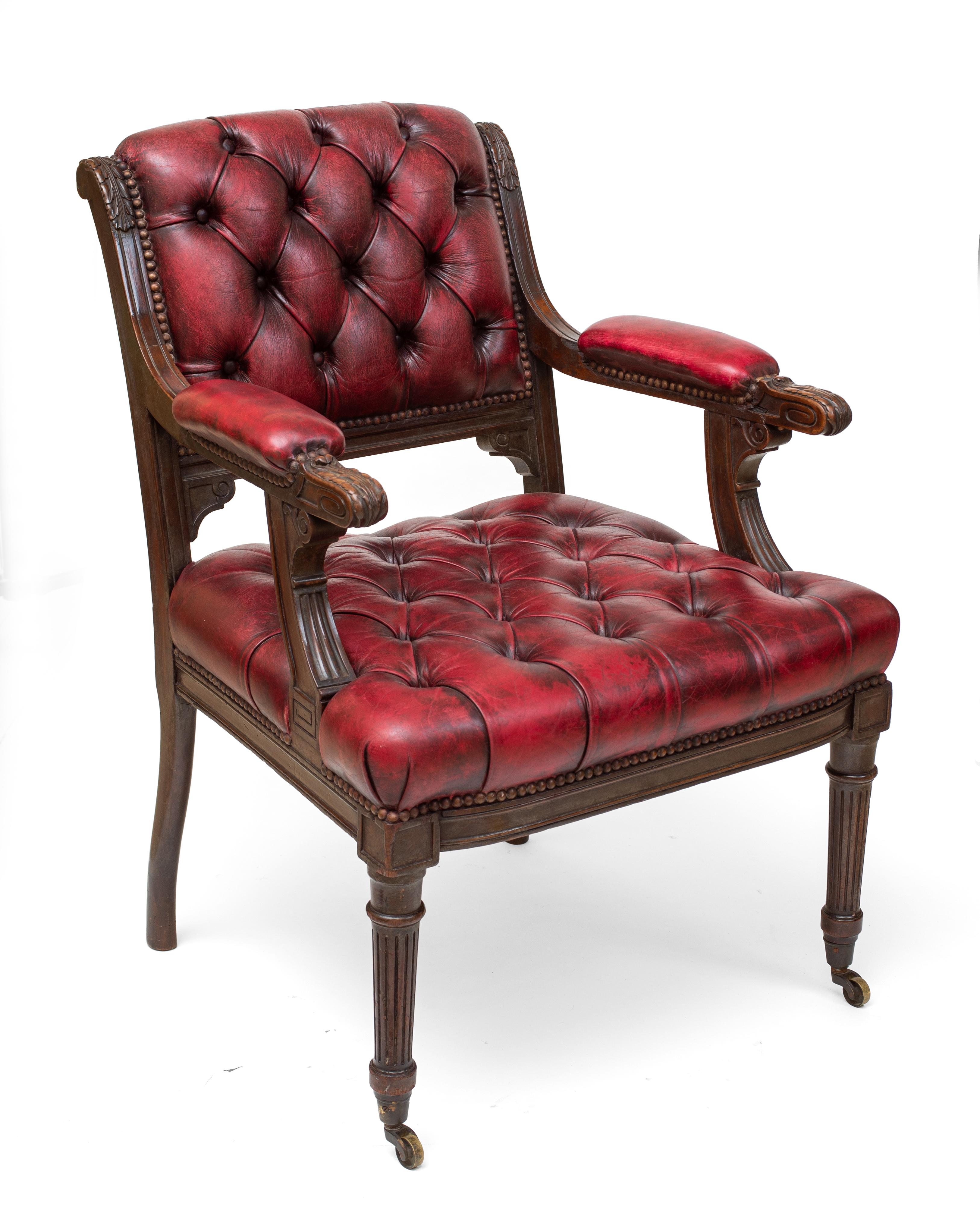 Each with a scrolled back, arms and seat with tufted upholstery, carved with acanthus leaves and Greek keys, raised on front fluted tapering legs ending in casters.
The Regency period was one of great cultural refinement and achievement in Great