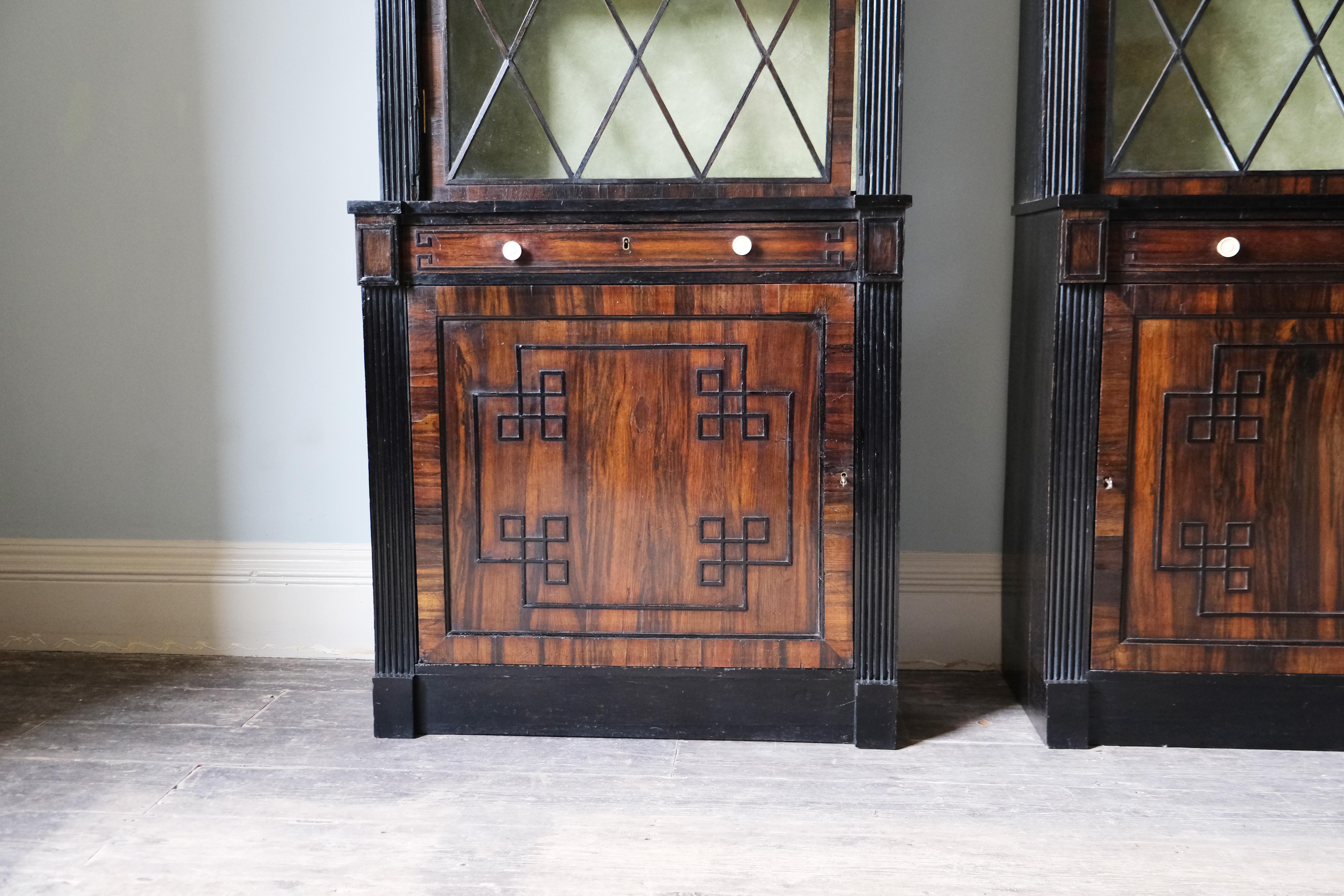 Carved Pair of Regency Mahogany Library Bookcases with Rosewood Inlay