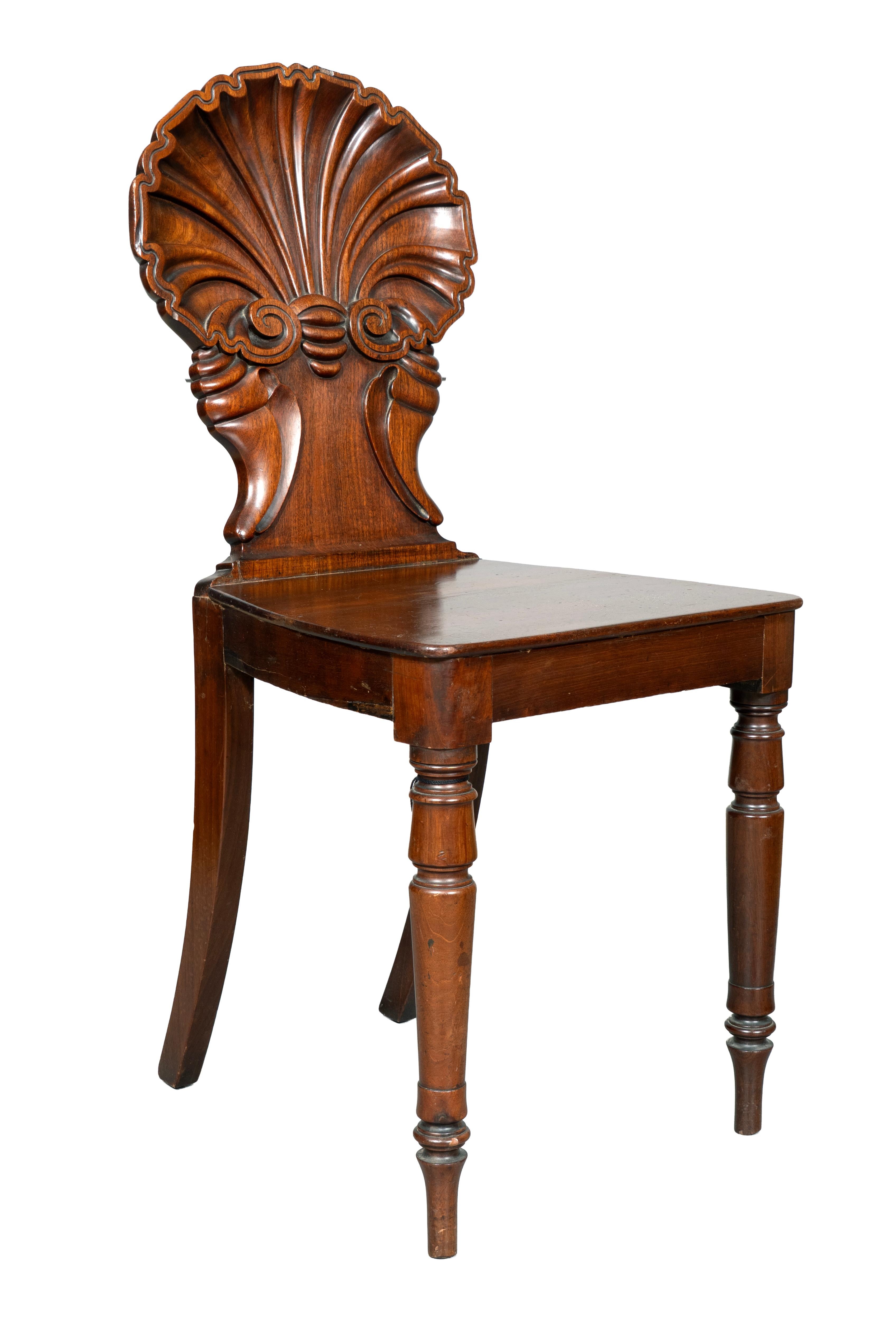 Pair Of Regency Mahogany Shell Back Hall Chairs In Good Condition For Sale In Essex, MA