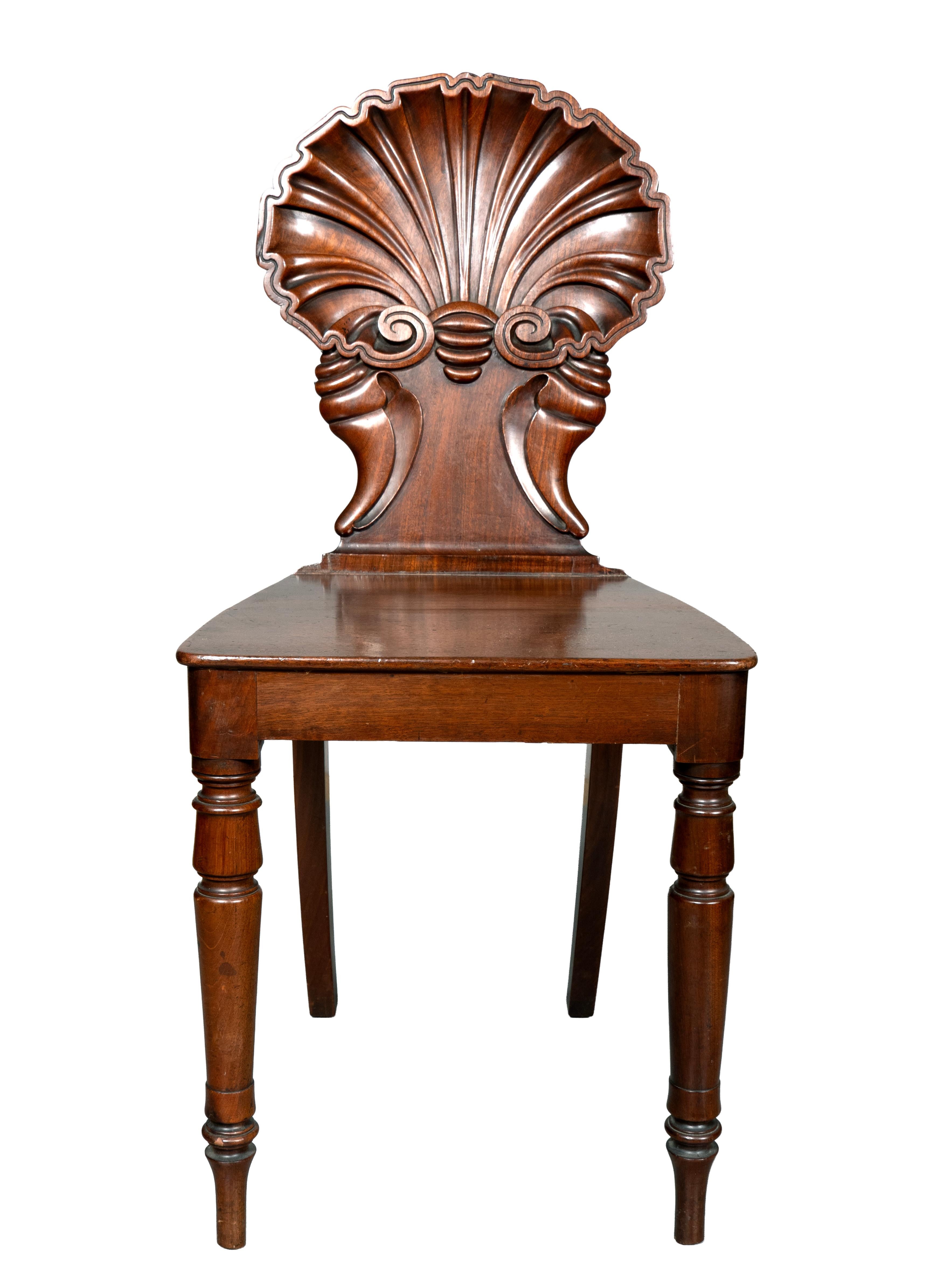 19th Century Pair Of Regency Mahogany Shell Back Hall Chairs For Sale