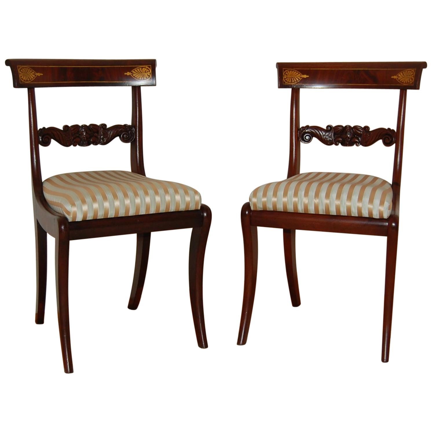 Pair of Regency Mahogany Side Chairs  & New Scalamandre Silk Fabric