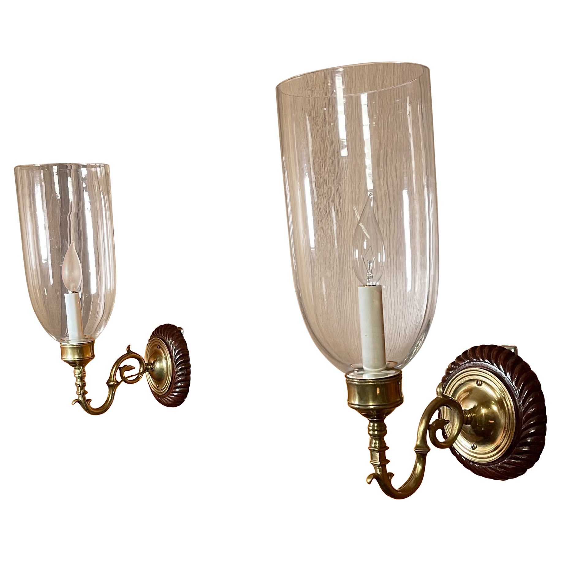 Pair of Regency Mahogany Wall Lights with Hurricane Shades